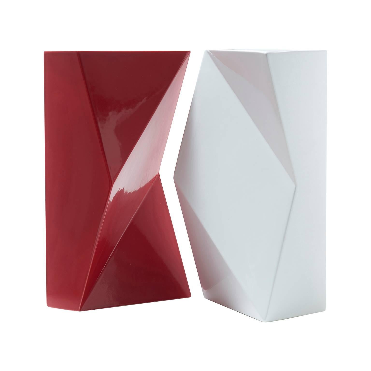 Modern "Verso" Pair of Handmade Ceramic Vases in Red and White For Sale