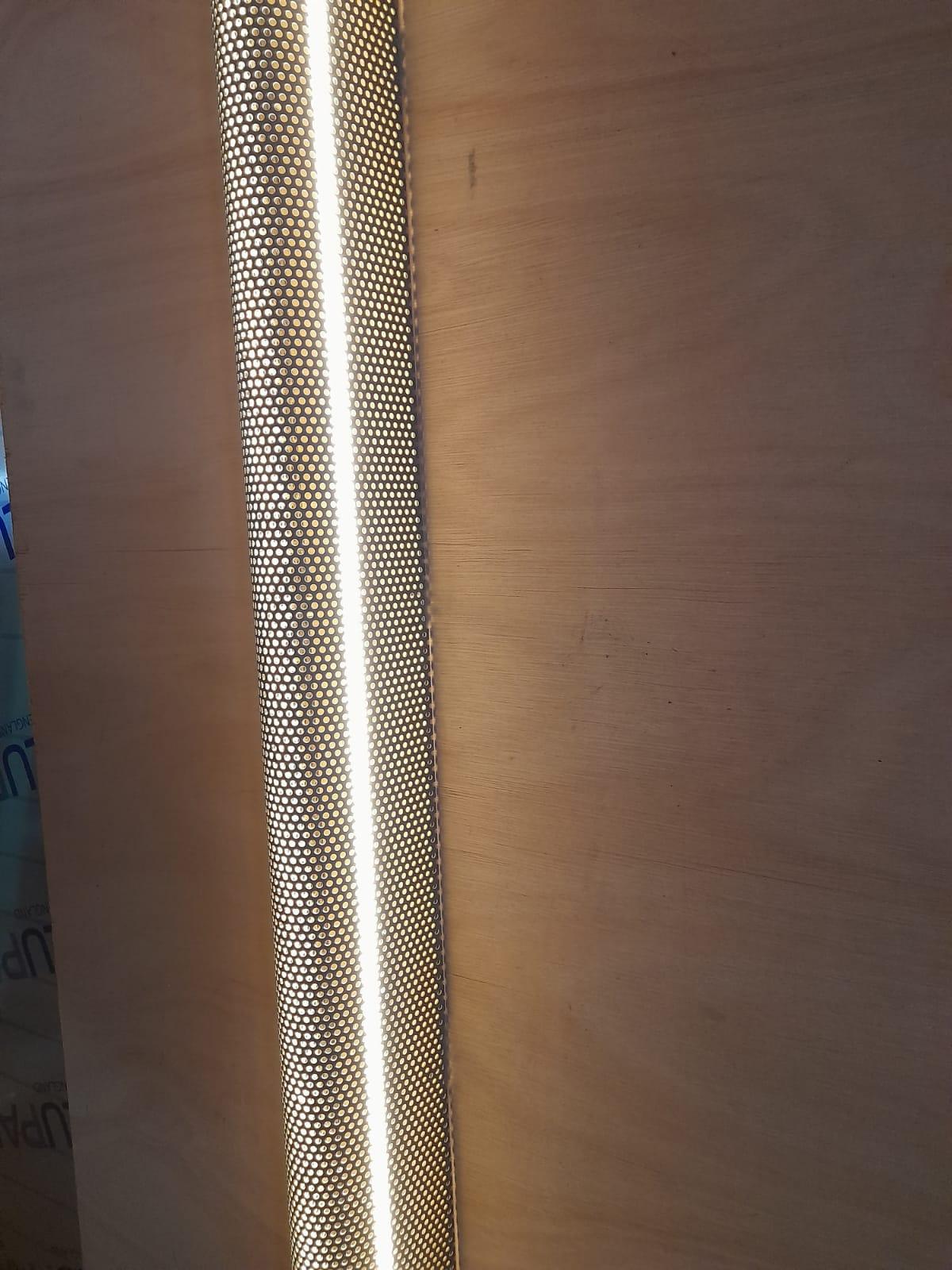 Contemporary Modern Vertical Pendant of Perforated Brass with Led For Sale