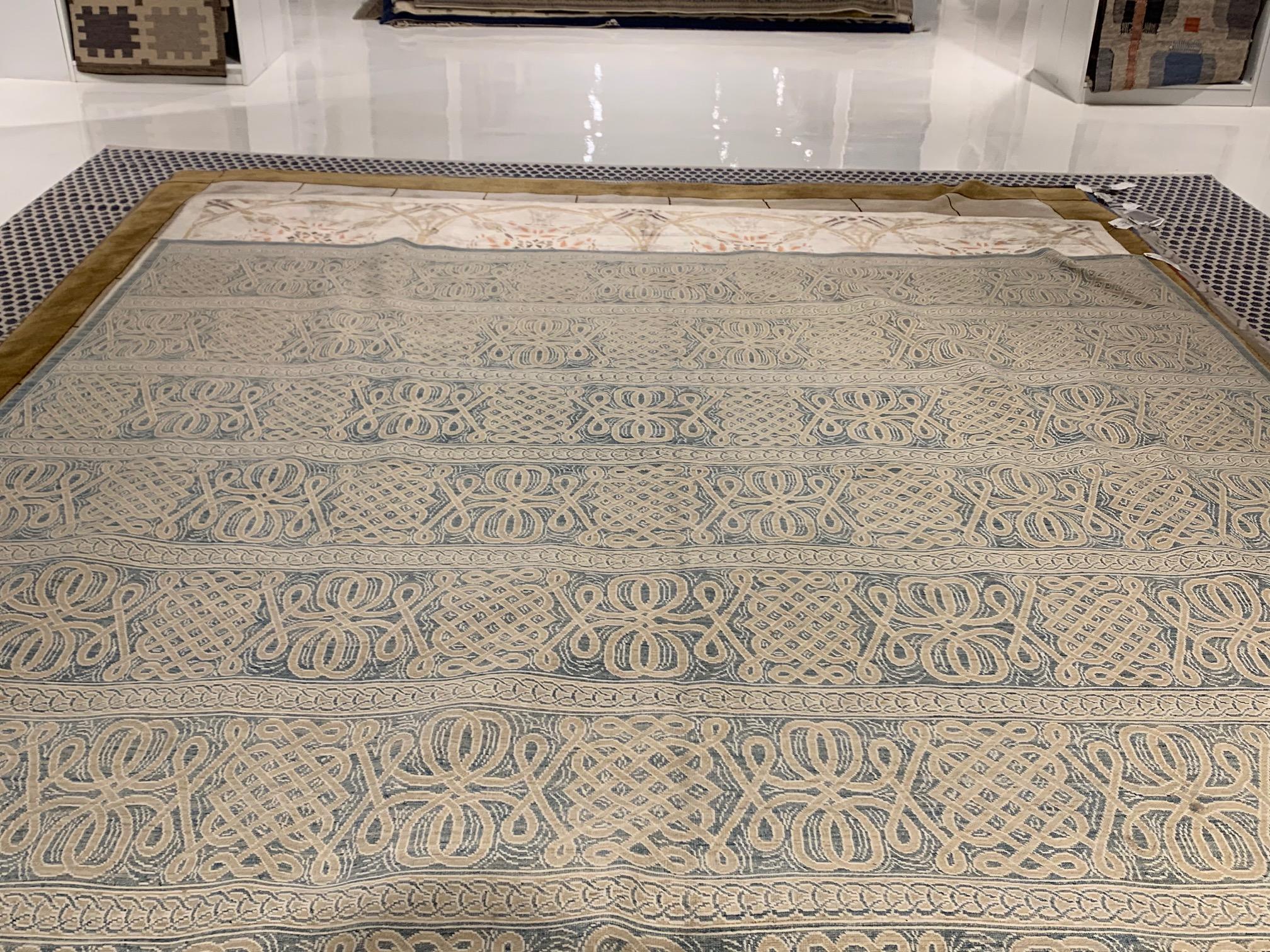 Indian Modern Vespero Beige, Blue and White Hand Knotted Wool Rug by Doris Leslie Blau For Sale