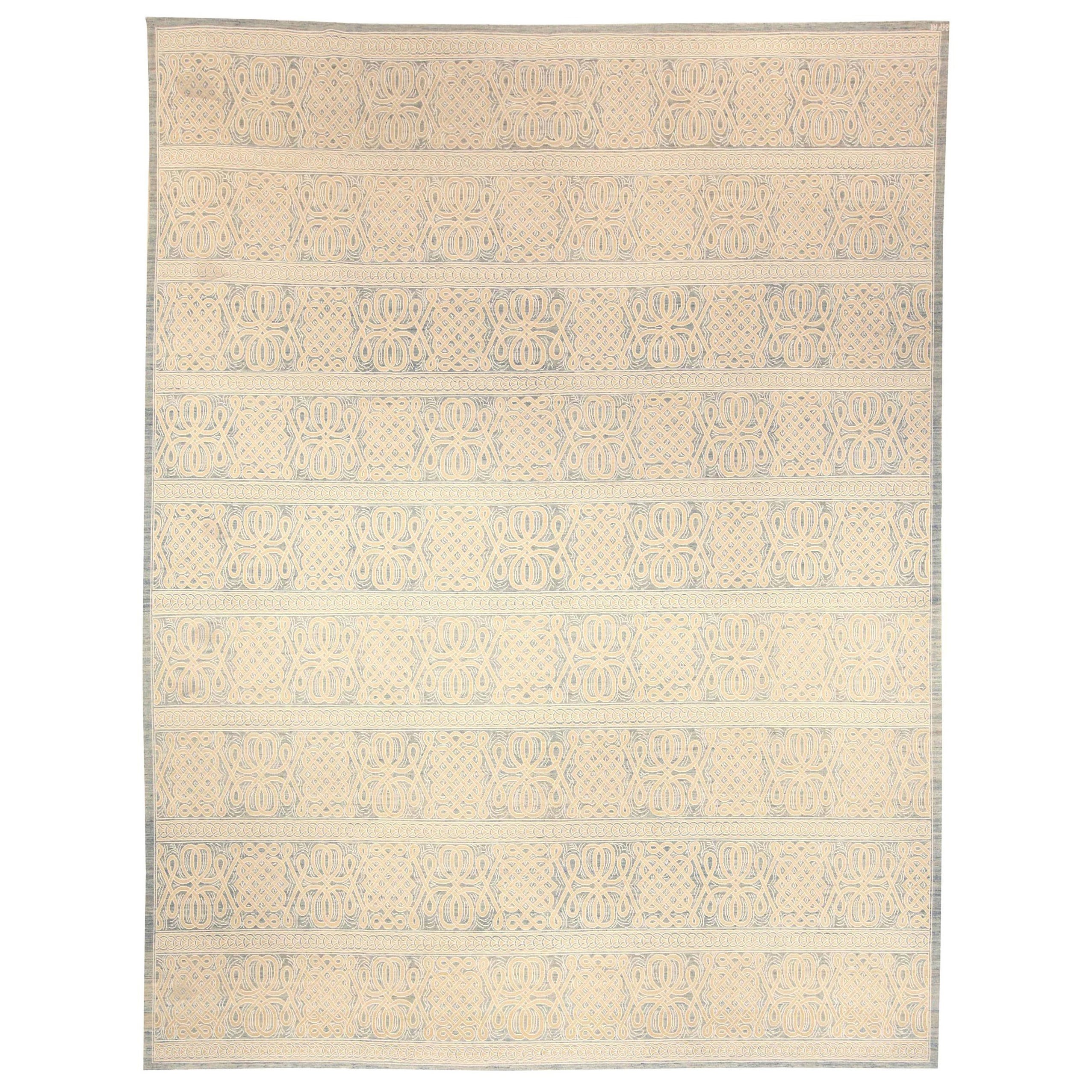 Tappeto moderno Vespero in lana annodata a mano beige, blu e bianca di Doris White Rugs in vendita