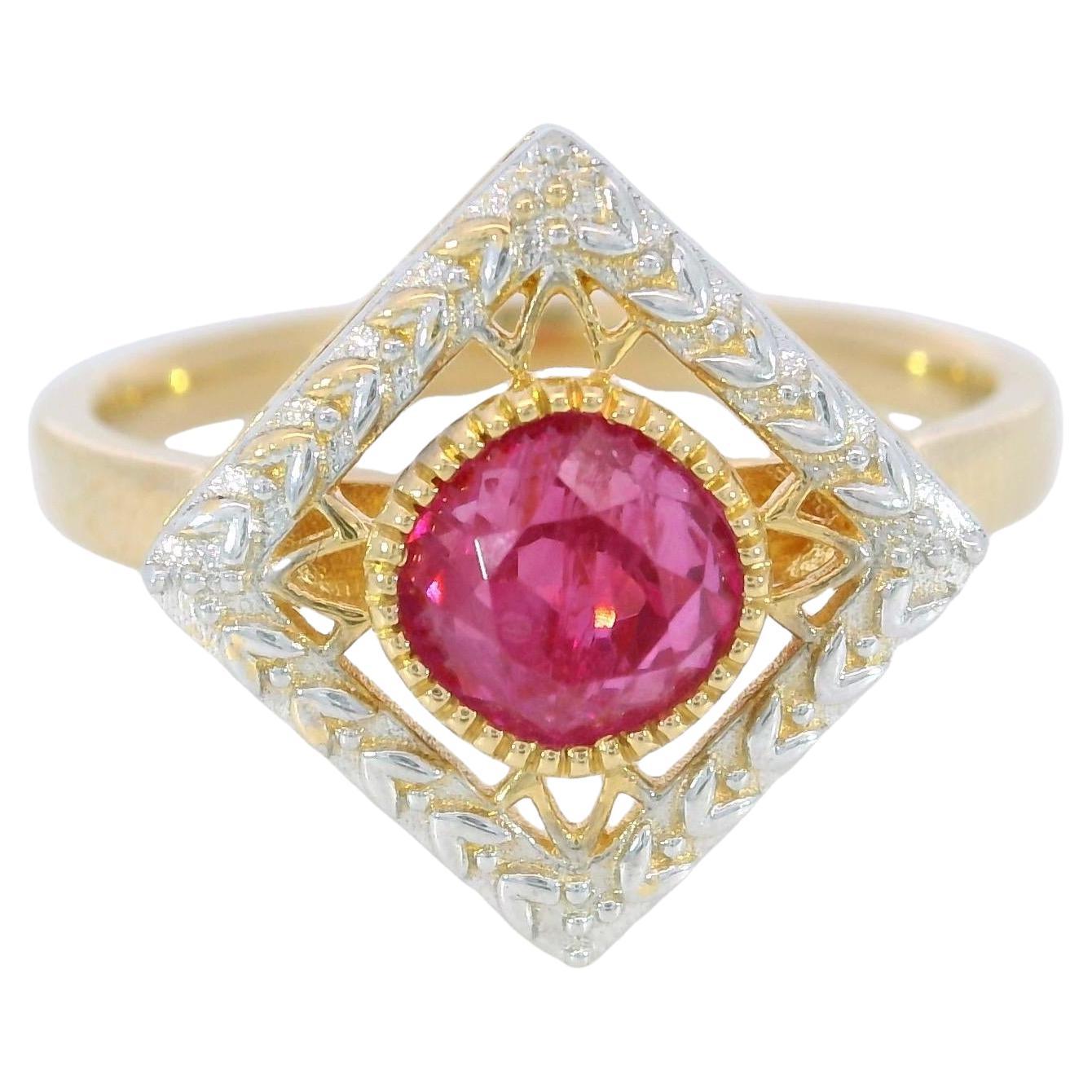 Modern Ruby Halo Ring 18K Yellow Gold Natural No heat Burma Ruby Victorian Style