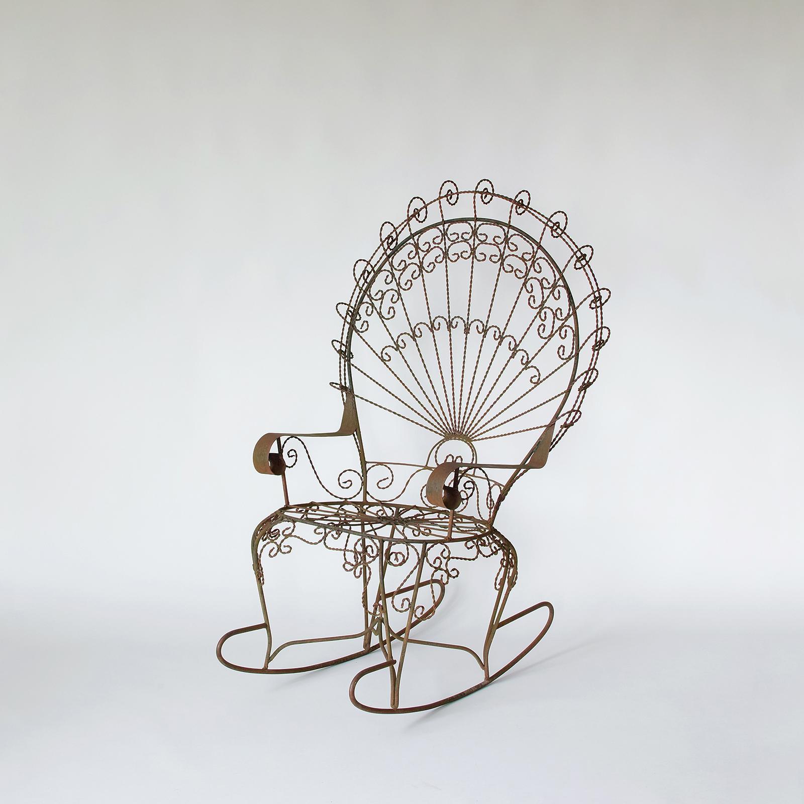 Modern Victorian Wrought Iron Peacock Rocker by Salterini In Good Condition For Sale In Brooklyn, NY