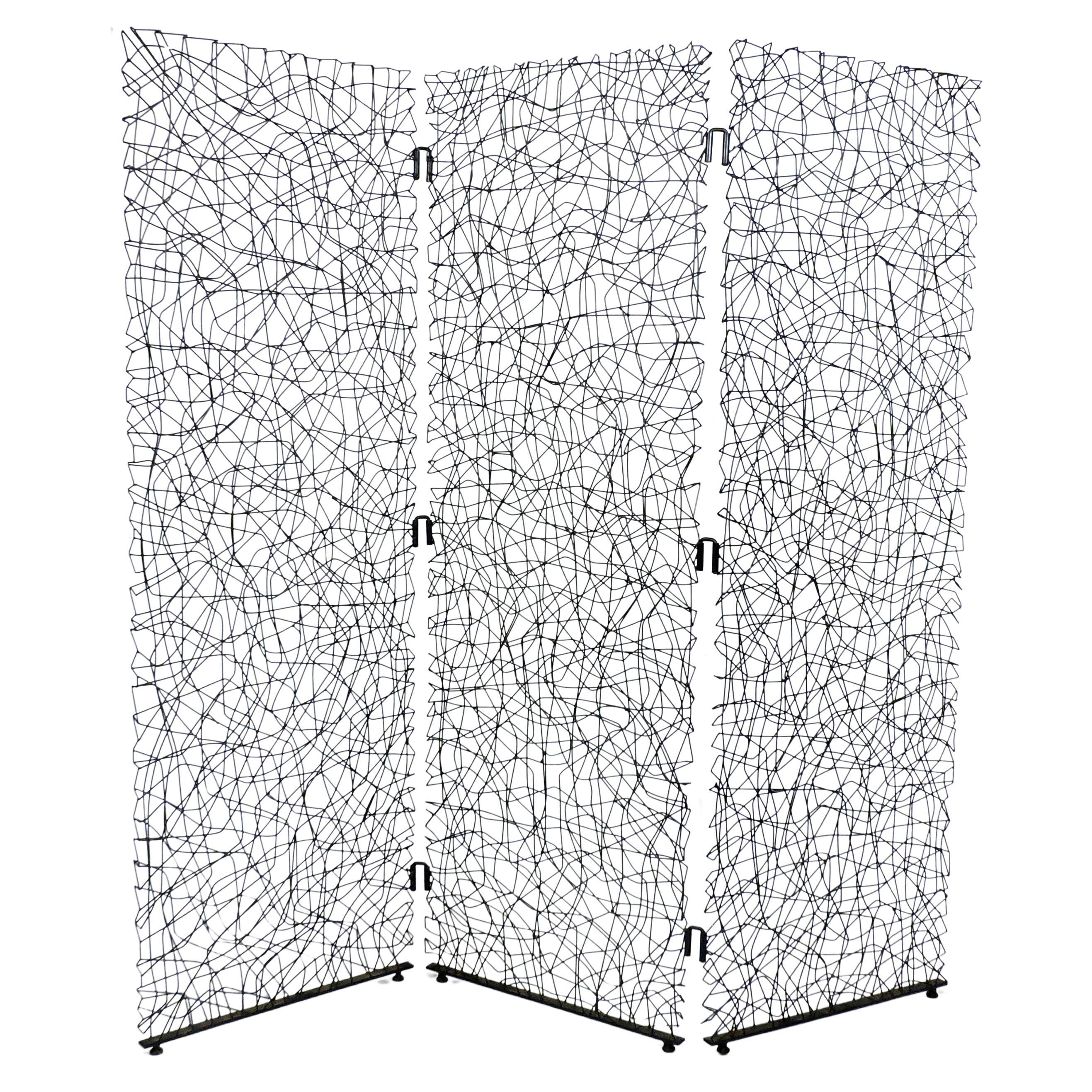 Modern Vintage Abstract Metal Wire Three Panel Screen or Room Divider For Sale
