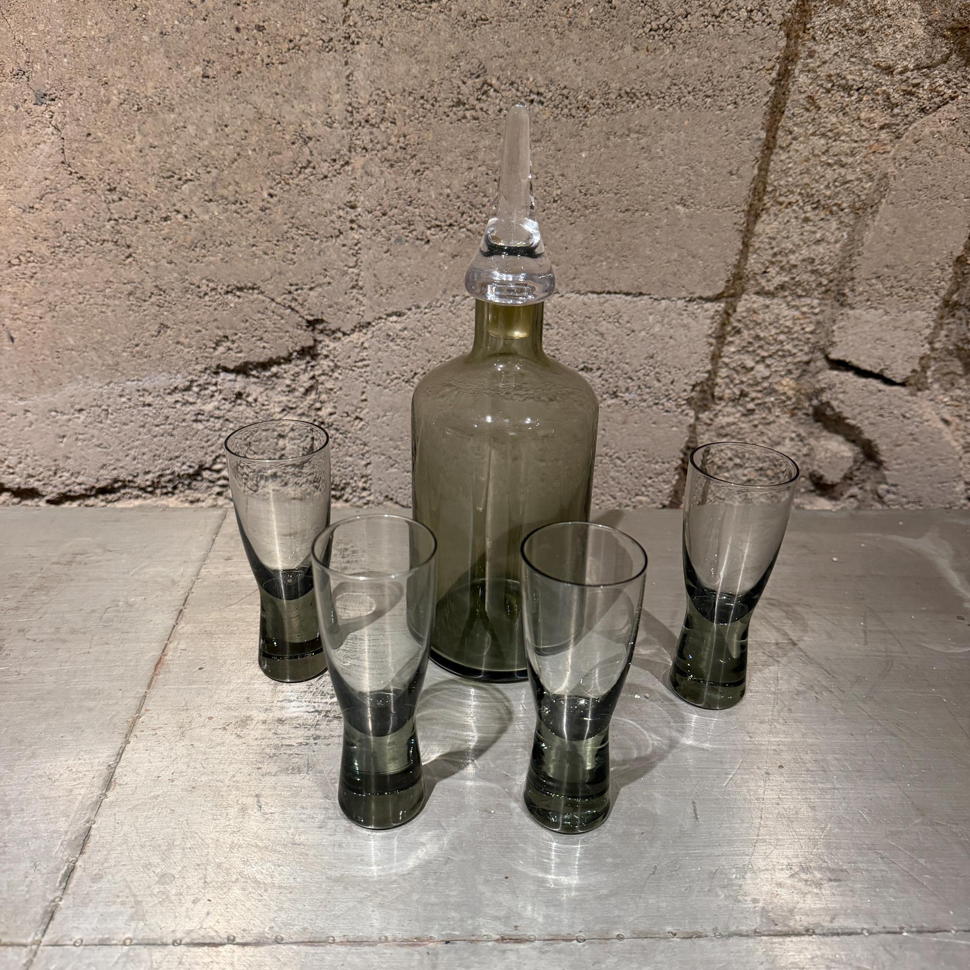 Mid-Century Modern Smoke Glass Decanter Set with Four Shot Glasses Scandinavian For Sale