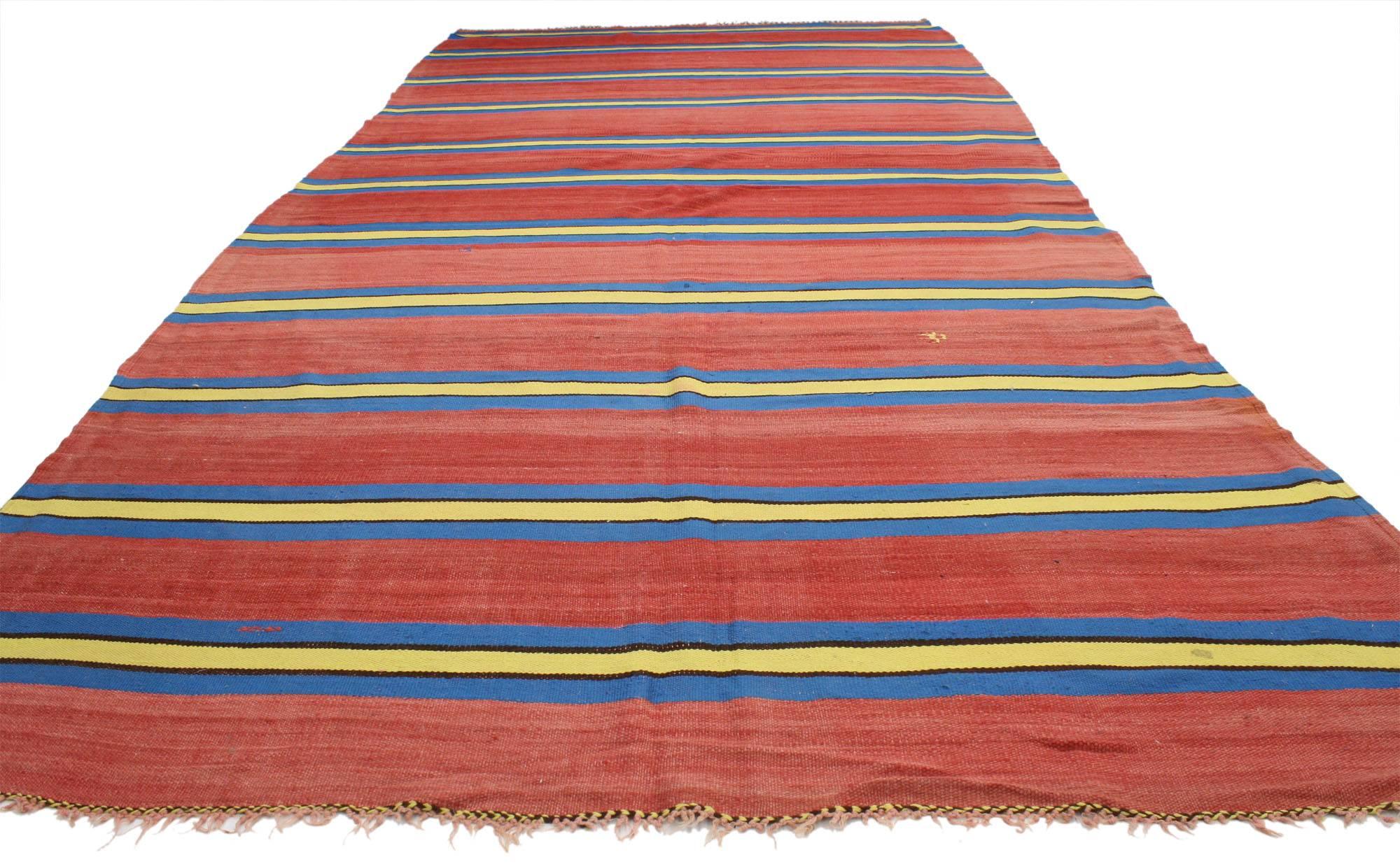 Hand-Woven Vintage Berber Moroccan Striped Kilim Rug with Modern Nautical Style