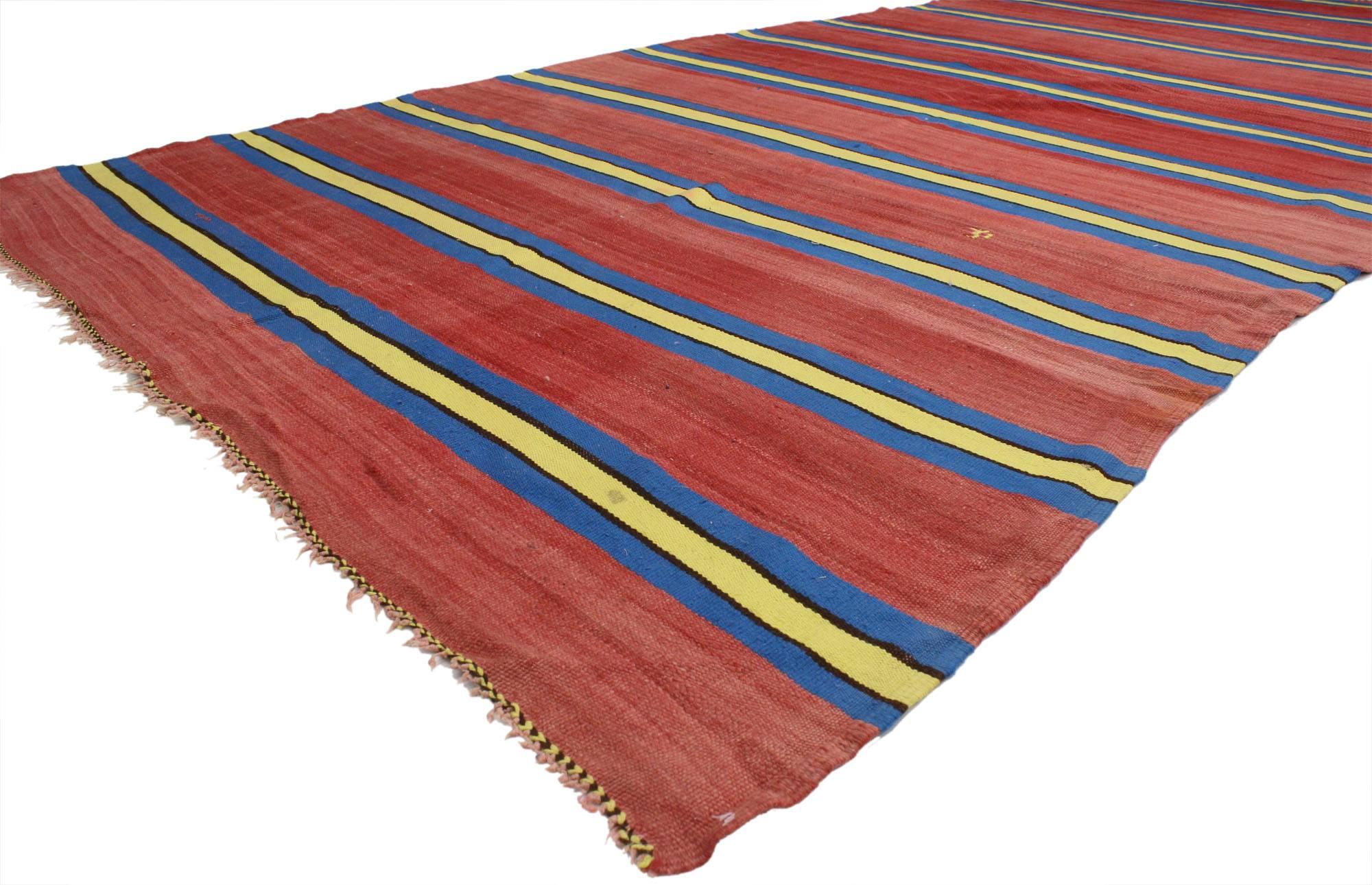 20536 Vintage Berber Moroccan Striped Kilim Rug with Modern Nautical Style 06'00 x 12'06. This handwoven wool vintage Berber Moroccan striped Kilim rug  features a series of Bayadere stripes composed of horizontal blue and yellow bands in groups of