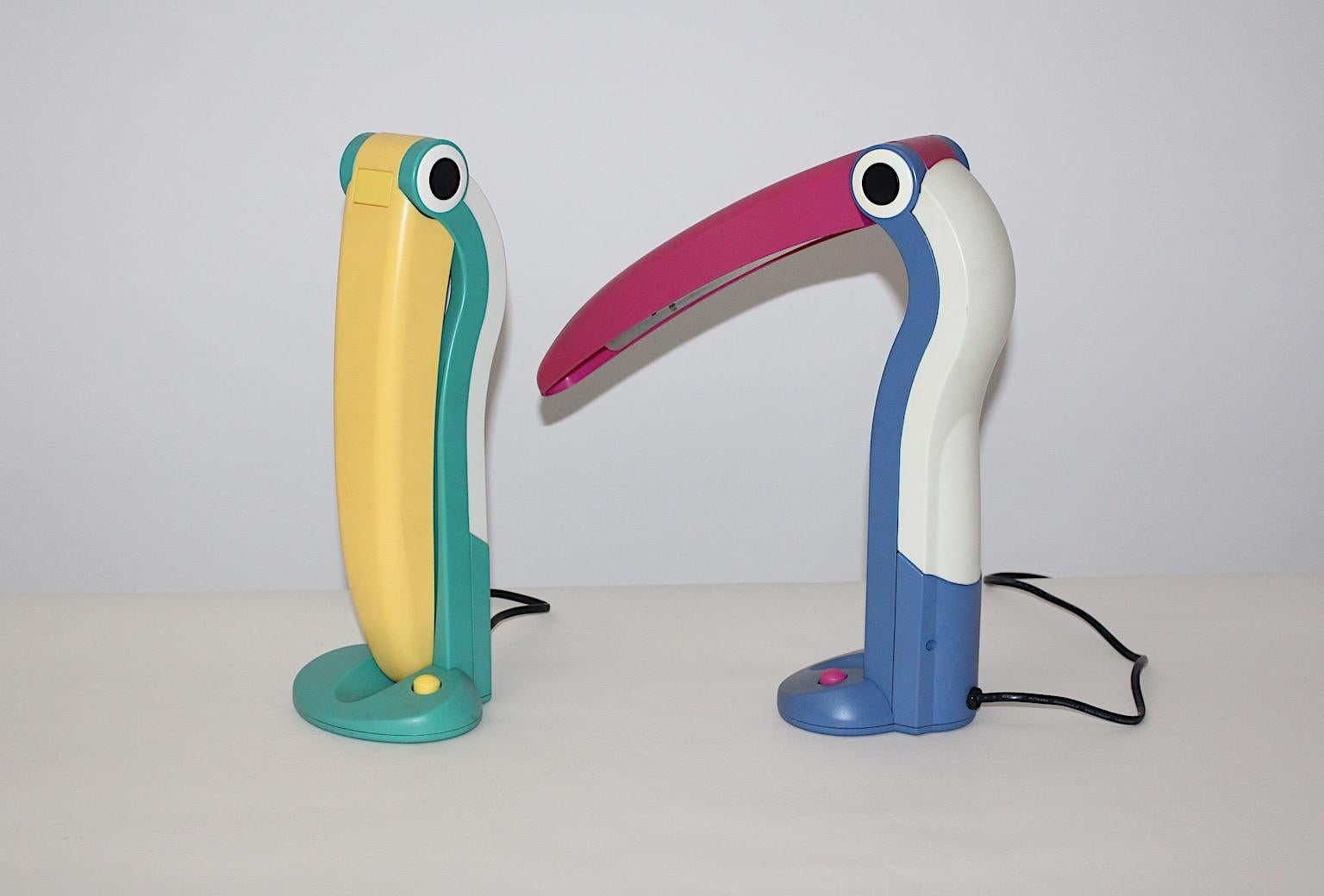Taiwanese Modern Vintage Birds Animal Plastic Table Lamps Pair Duo H.T.Huang Taiwan 1980s For Sale