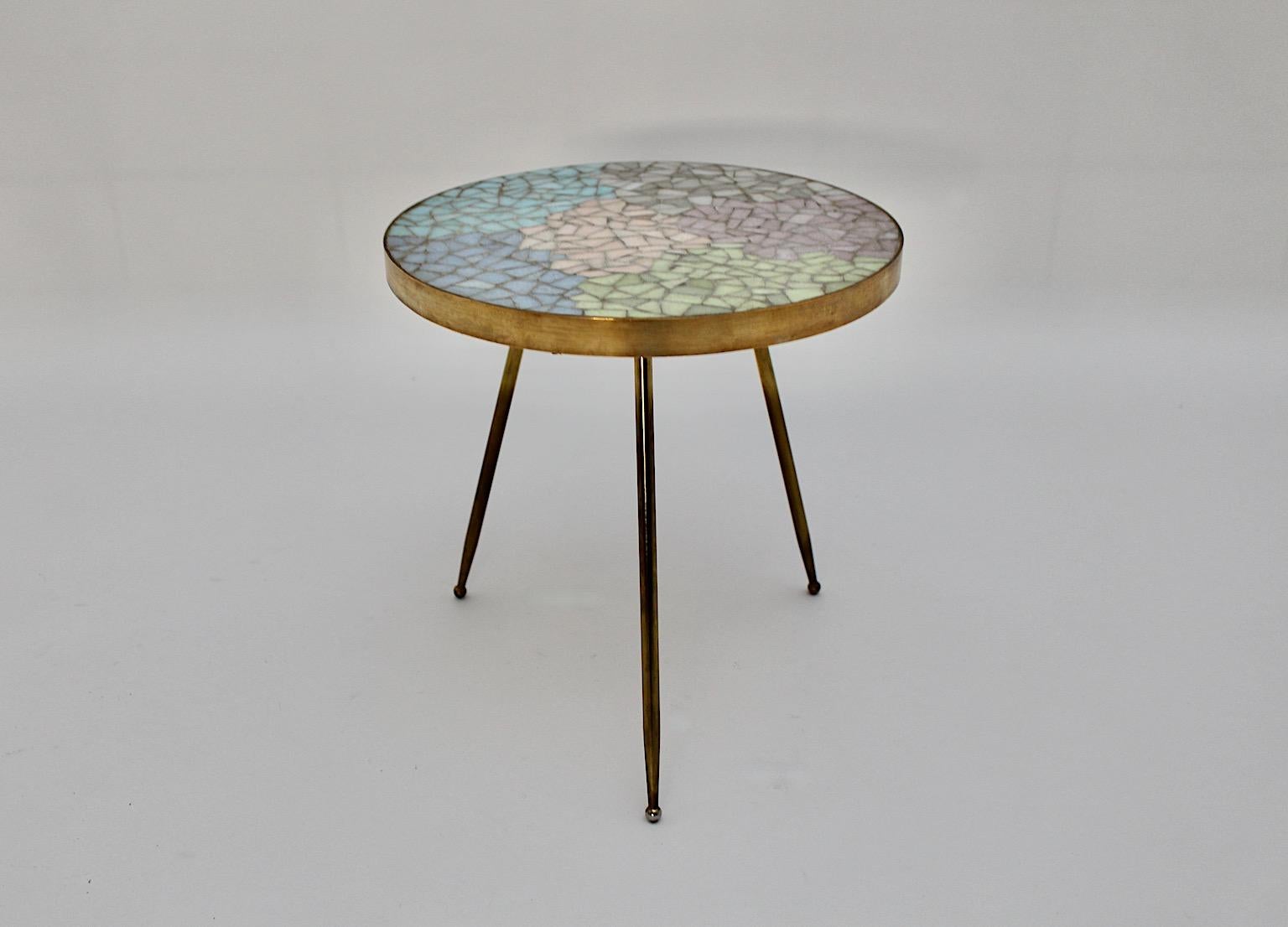 Modern Vintage Brass Pastel Colors Mosaic Side Table 1990 Italy In Good Condition For Sale In Vienna, AT