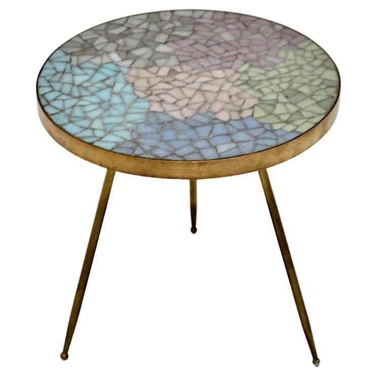 Modern Vintage Brass Pastel Colors Mosaic Side Table 1990 Italy For Sale