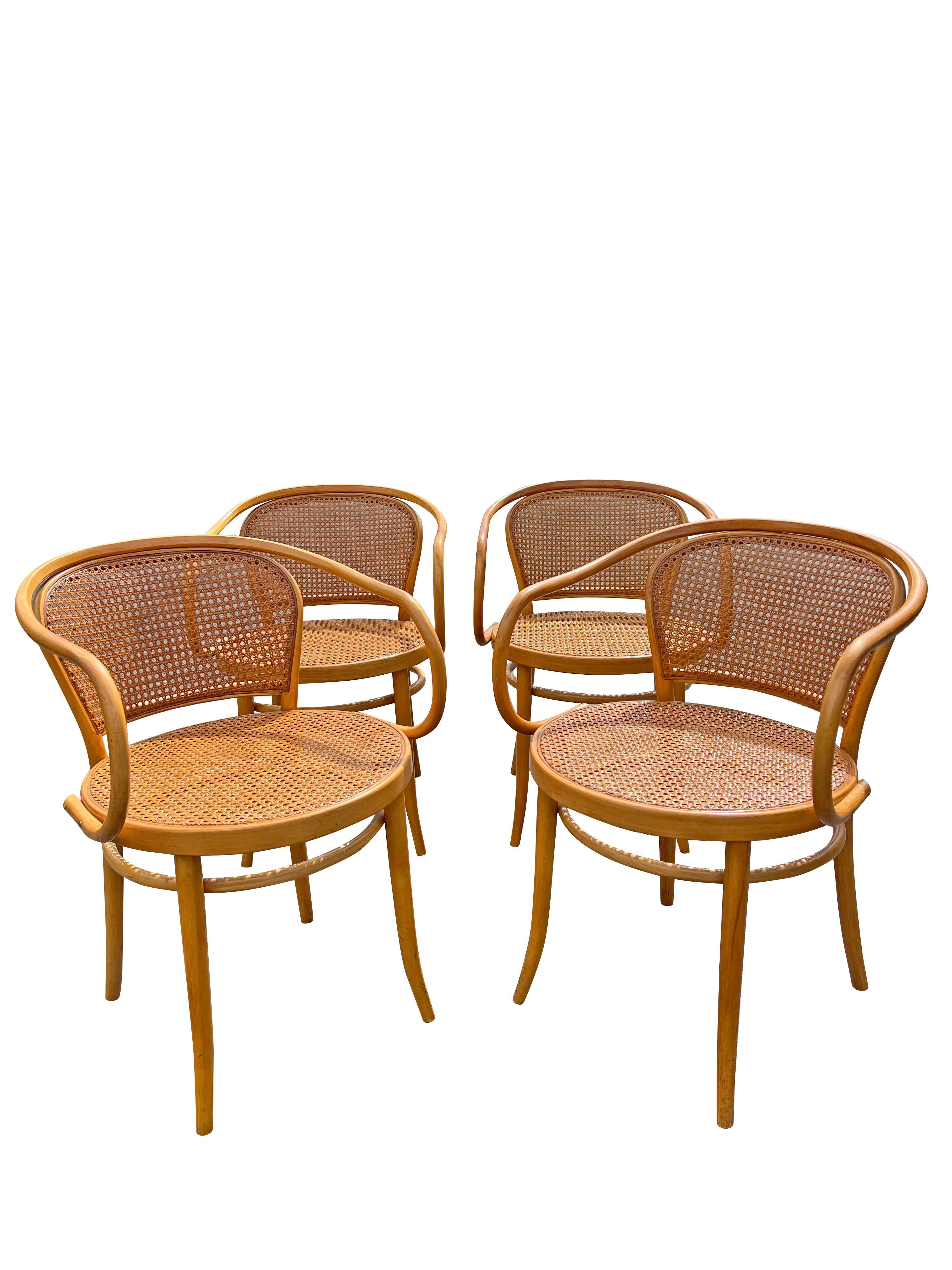 British Modern Vintage Cane “Prague” Arm Chairs by Josef Hoffman for Thonet Set of 4