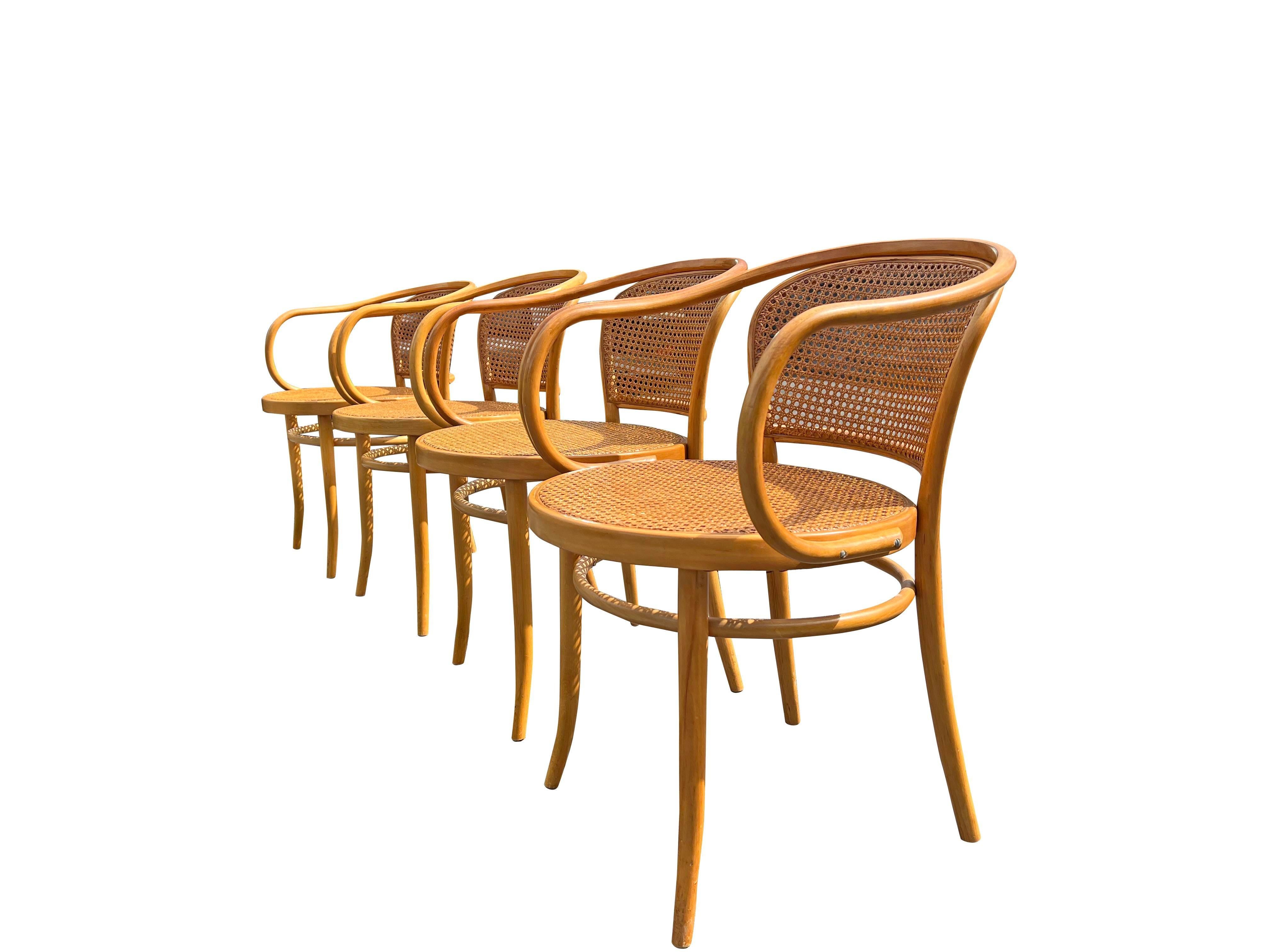 Mid-20th Century Modern Vintage Cane “Prague” Arm Chairs by Josef Hoffman for Thonet Set of 4