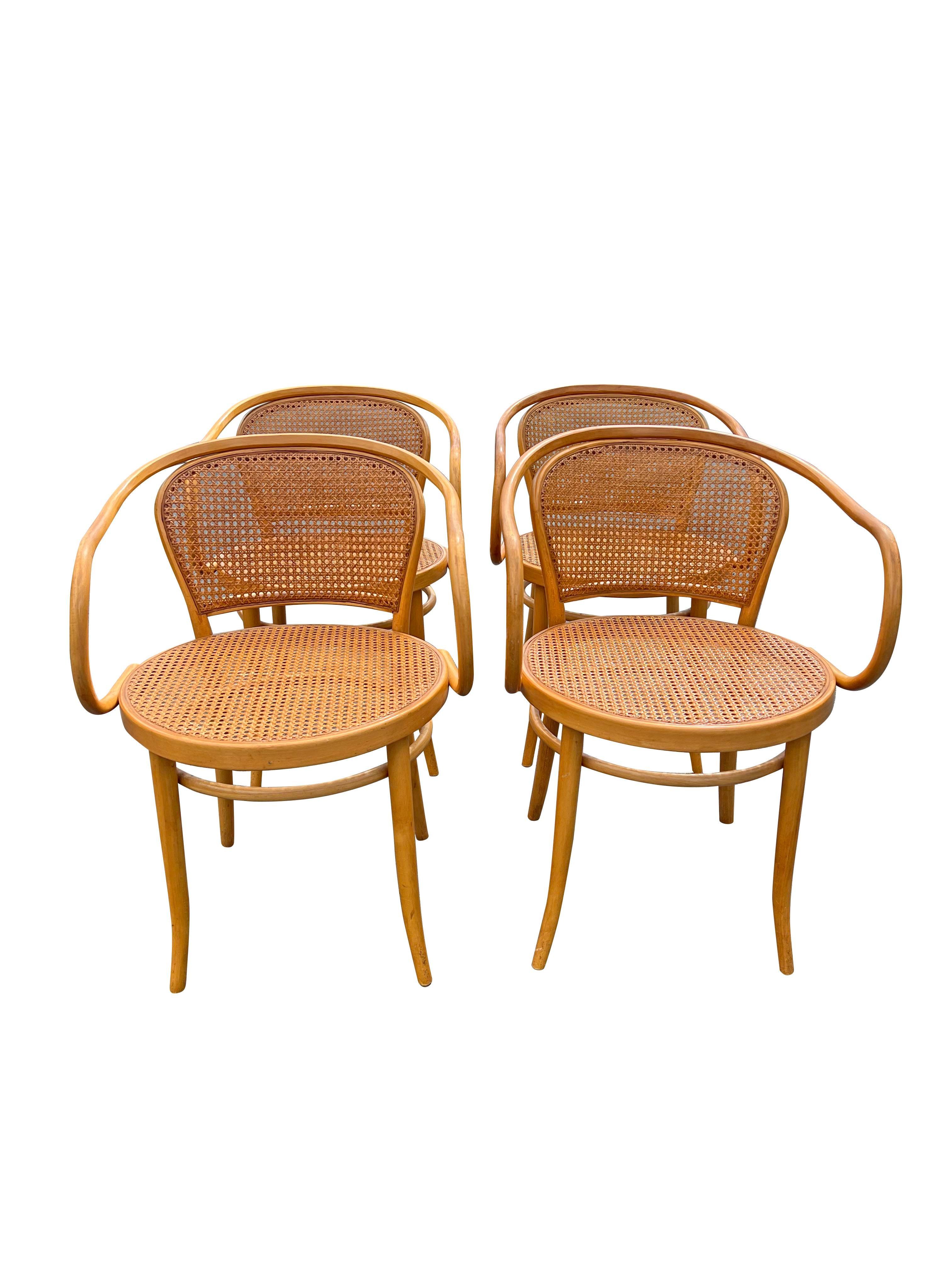Modern Vintage Cane “Prague” Arm Chairs by Josef Hoffman for Thonet Set of 4 2