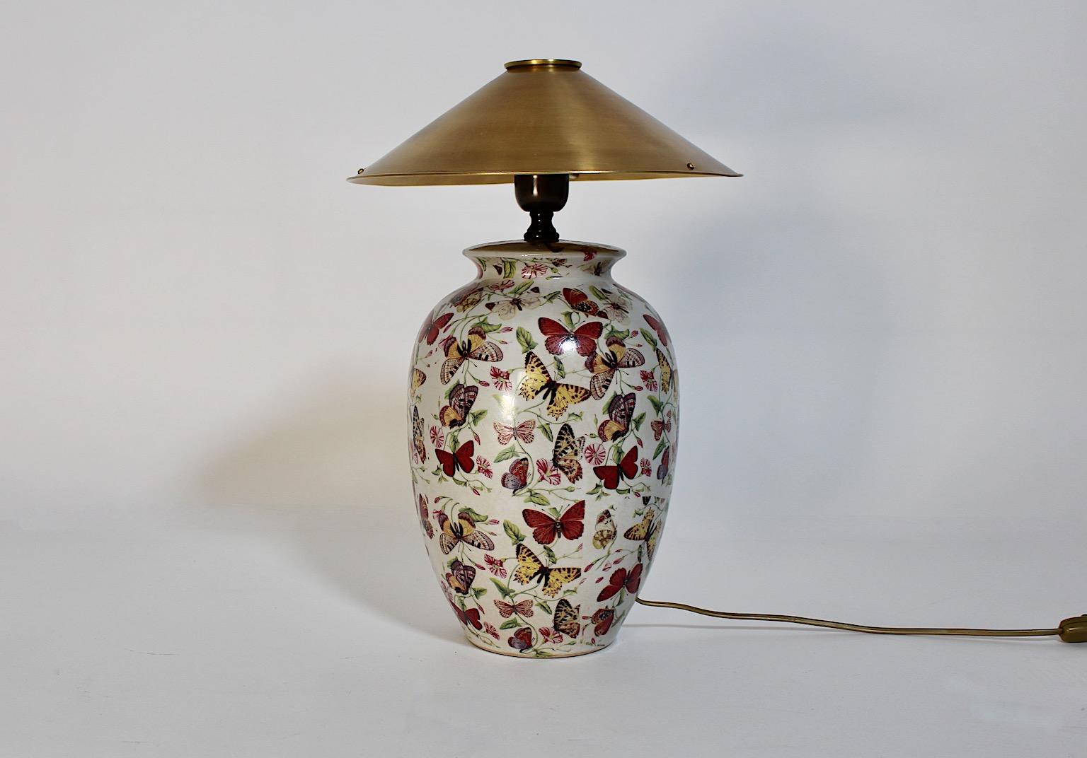 Modern Vintage Ceramic Brass Table Lamp Animal Butterfly Flowers Farfalle 1980s For Sale 3