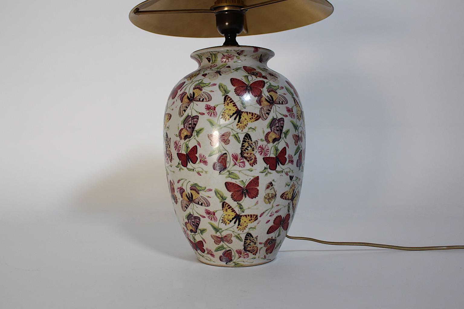 Modern Vintage Ceramic Brass Table Lamp Animal Butterfly Flowers Farfalle 1980s For Sale 7