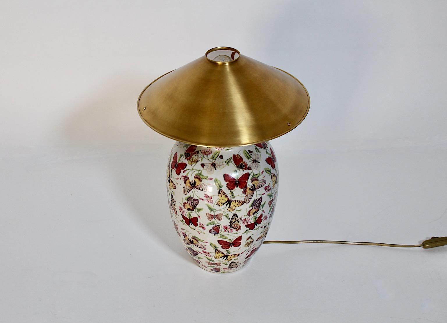Modern Vintage Ceramic Brass Table Lamp Animal Butterfly Flowers Farfalle 1980s For Sale 1