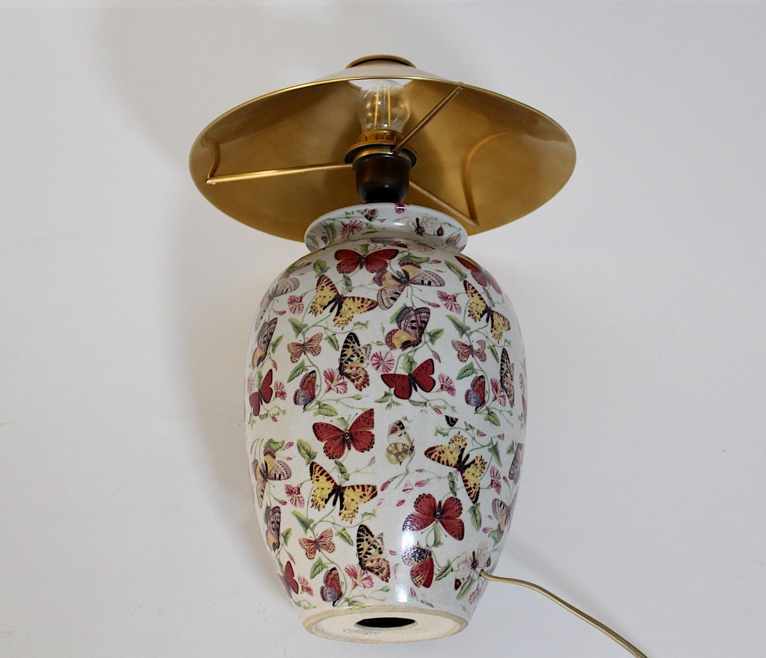 Modern Vintage Ceramic Brass Table Lamp Animal Butterfly Flowers Farfalle 1980s For Sale 2