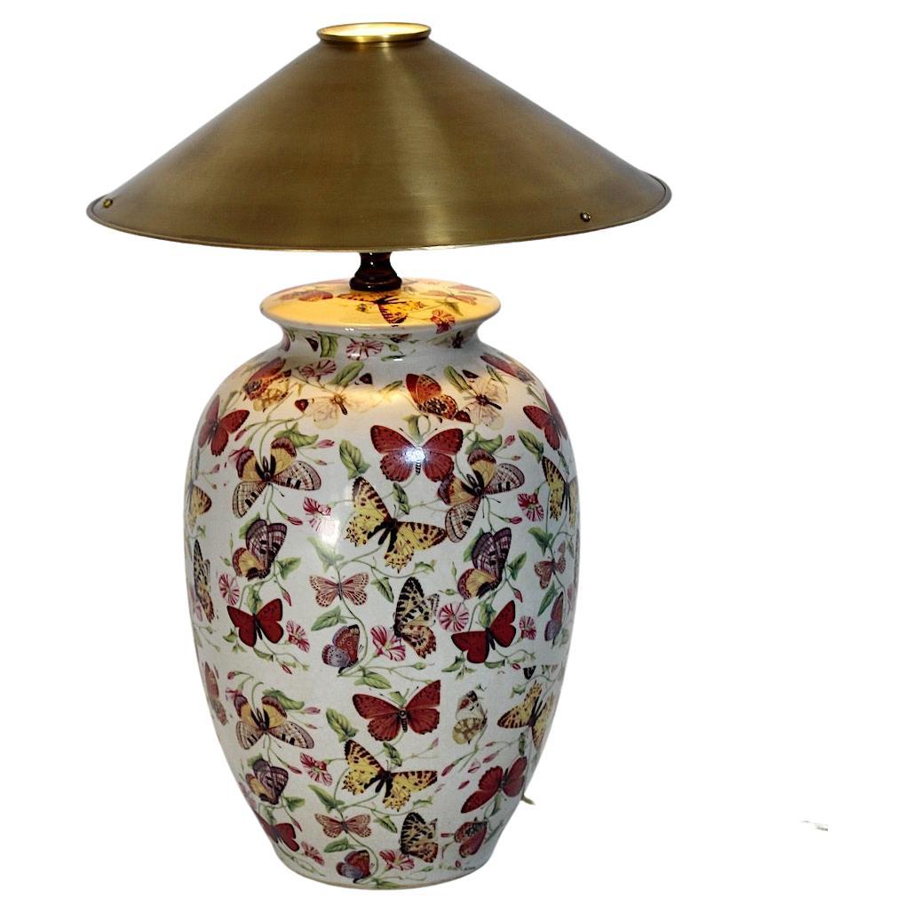 Modern Vintage Ceramic Brass Table Lamp Animal Butterfly Flowers Farfalle 1980s For Sale