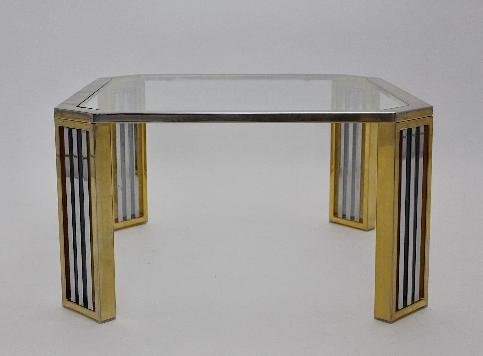 Modern vintage chromed metal and brass coffee table or sofa table, which was designed, Italy, 1970s.
Four brass feet with chromed openwork metal details make this coffee table or sofa table very good looking.
The duet of chromed metal and brass with