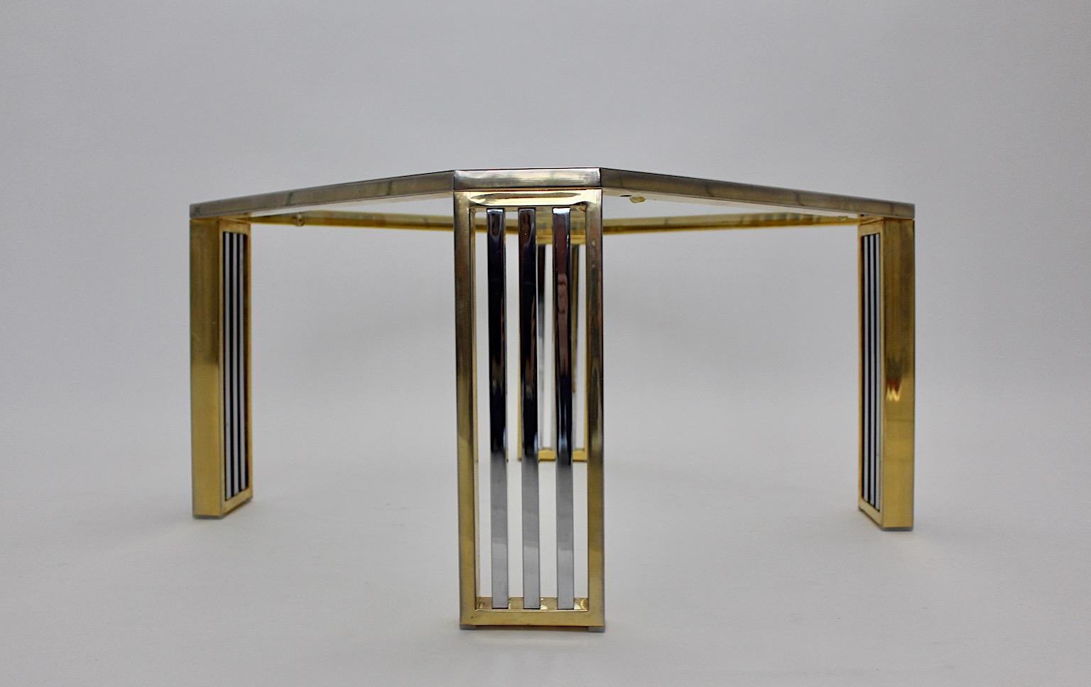 Late 20th Century Modern Vintage Chromed Metal Brass Coffee Table Sofa Table, Italy, 1970s For Sale