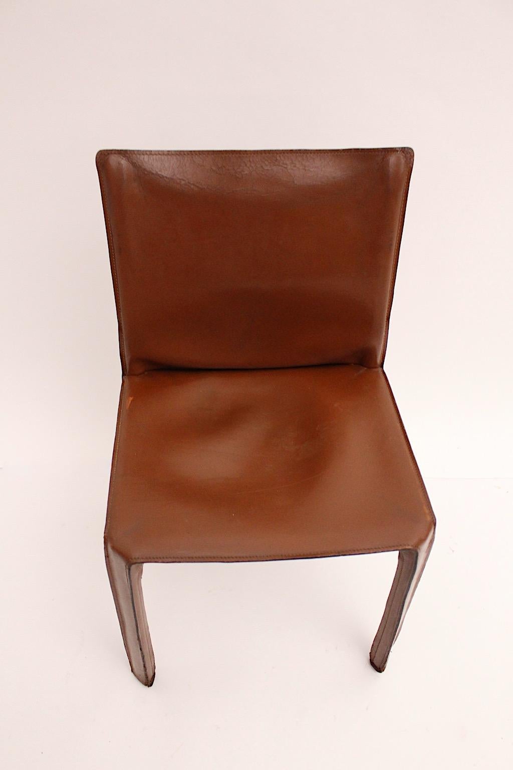 Modern Vintage Five Cognac Brown Leather CAB Dining Chairs Mario Bellini, Italy 2