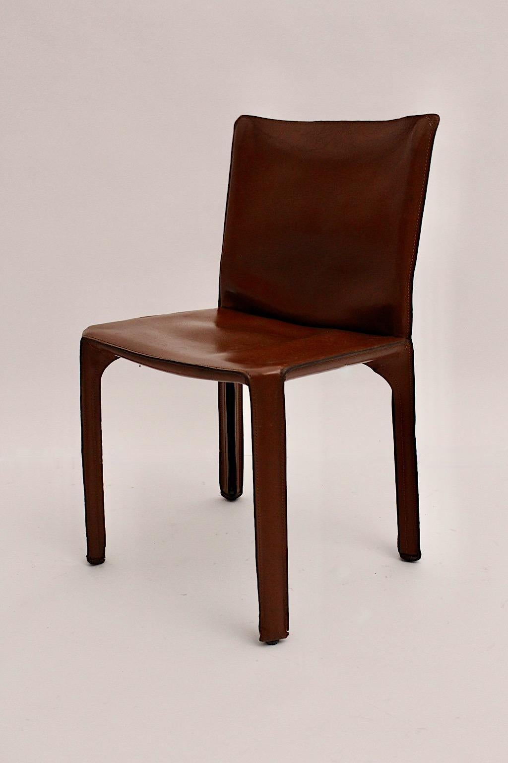 Modern Vintage Five Cognac Brown Leather CAB Dining Chairs Mario Bellini, Italy 3