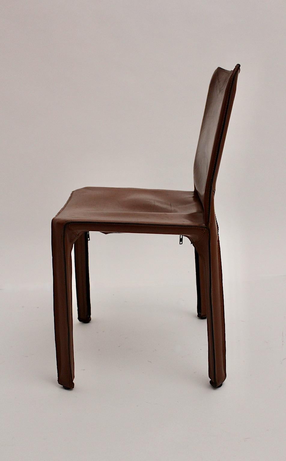 Modern Vintage Five Cognac Brown Leather CAB Dining Chairs Mario Bellini, Italy 4