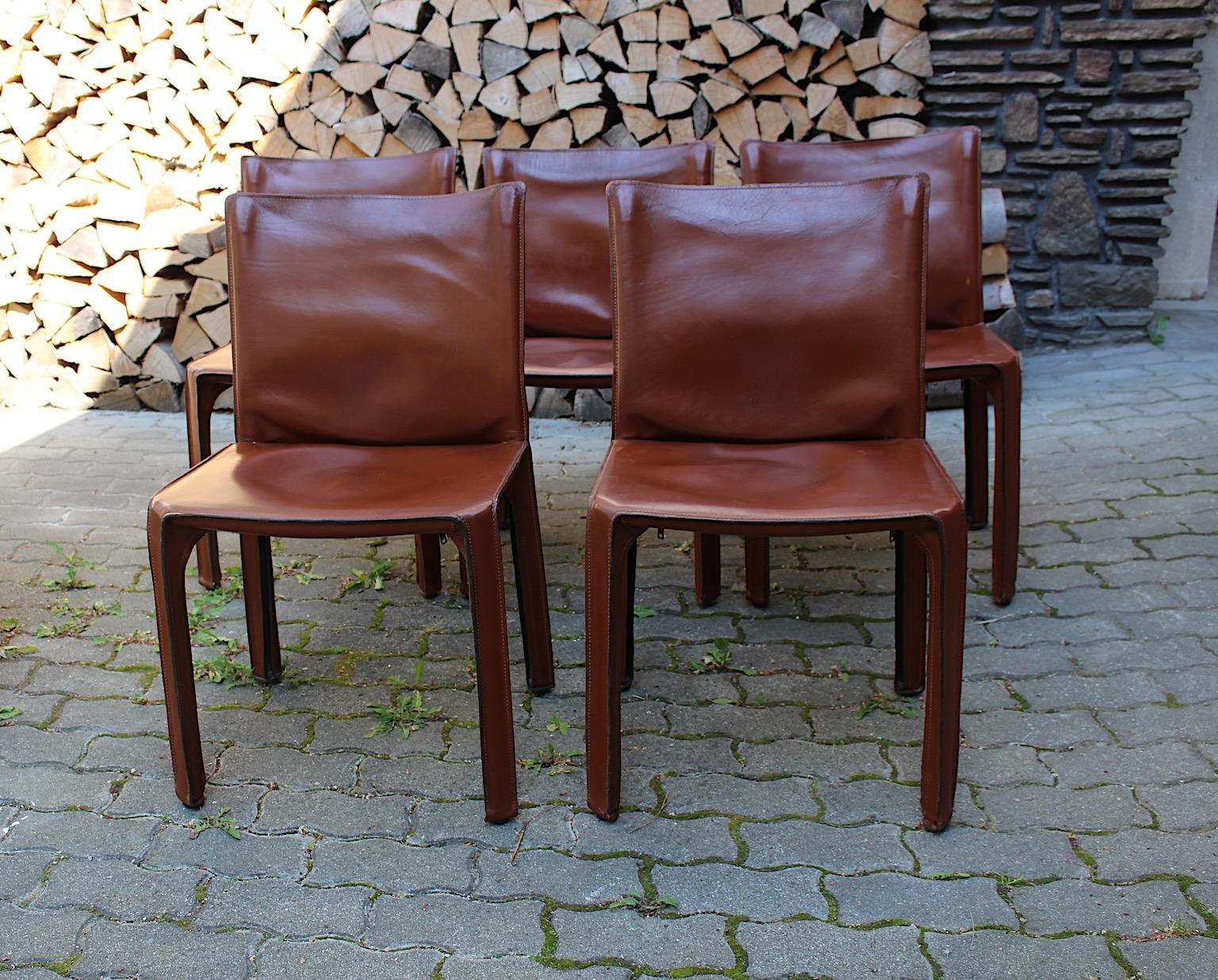 Modern Vintage Five Cognac Brown Leather CAB Dining Chairs Mario Bellini, Italy 7
