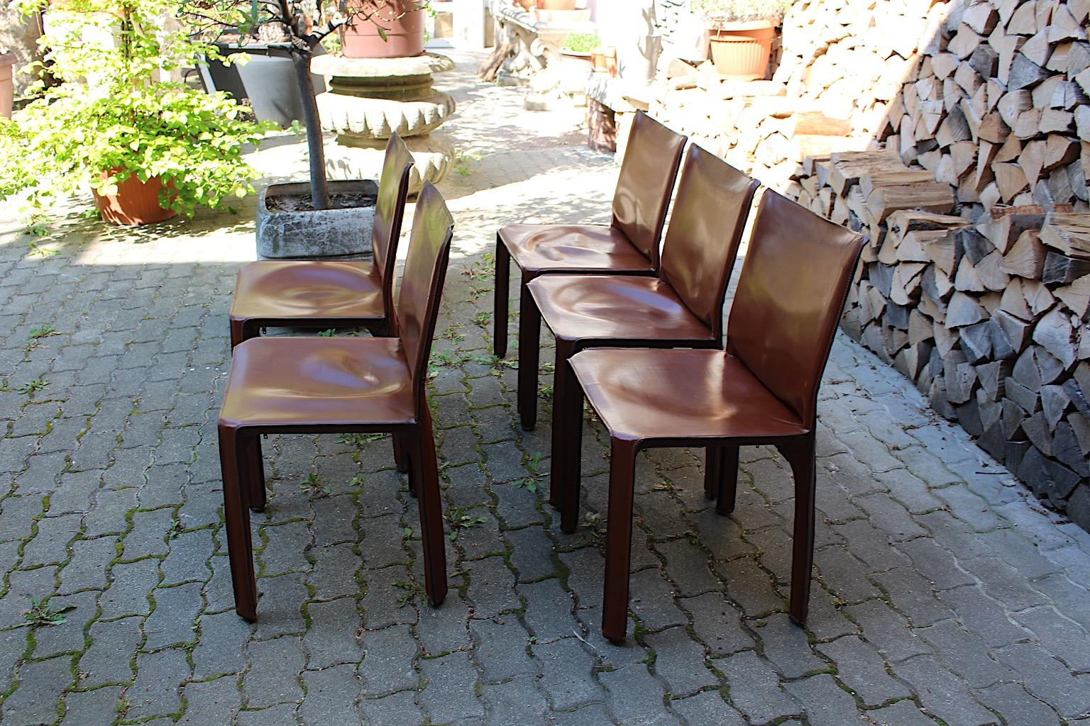 Modern Vintage Five Cognac Brown Leather CAB Dining Chairs Mario Bellini, Italy 8