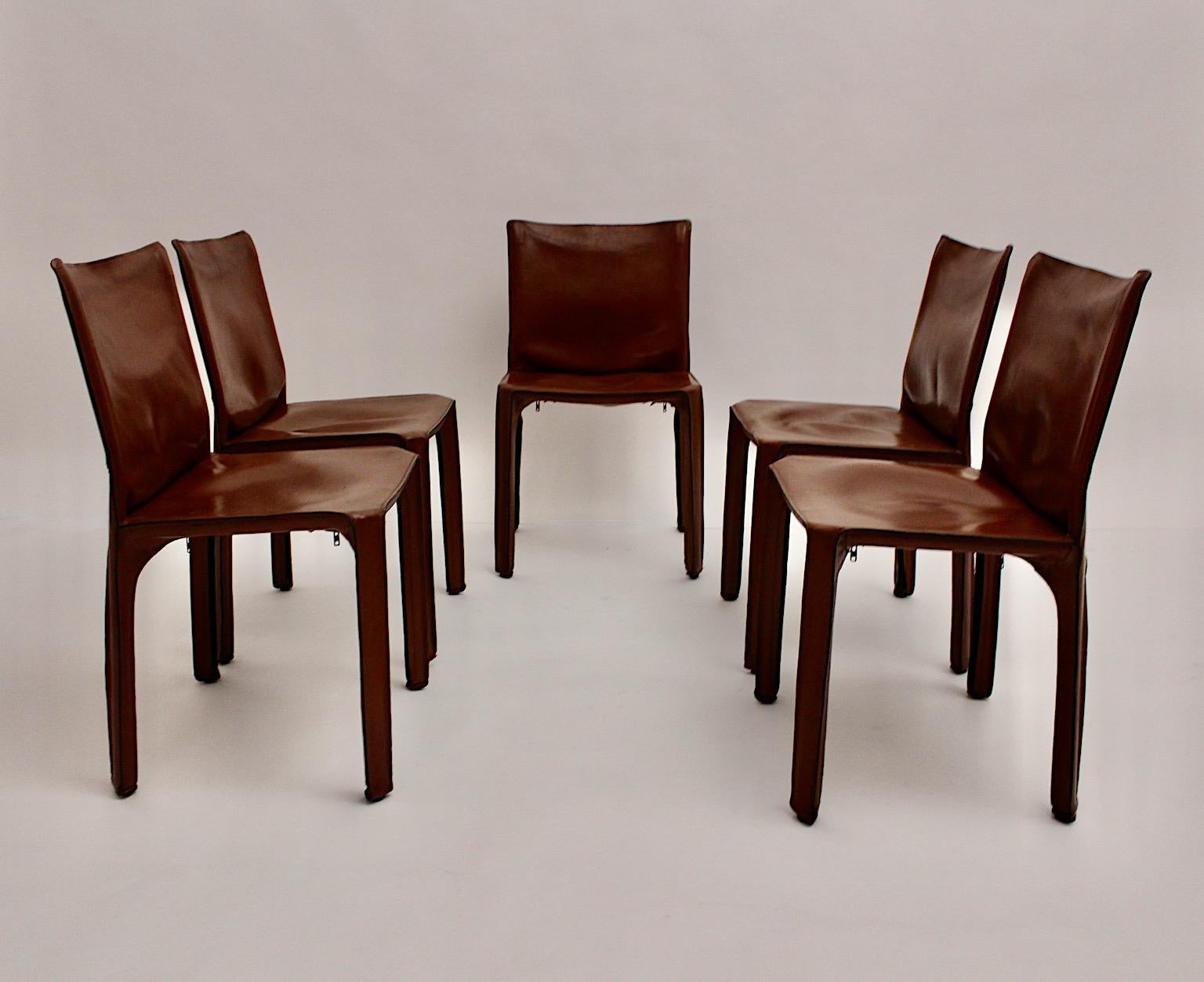 Modern Vintage Five Cognac Brown Leather CAB Dining Chairs Mario Bellini, Italy In Fair Condition In Vienna, AT