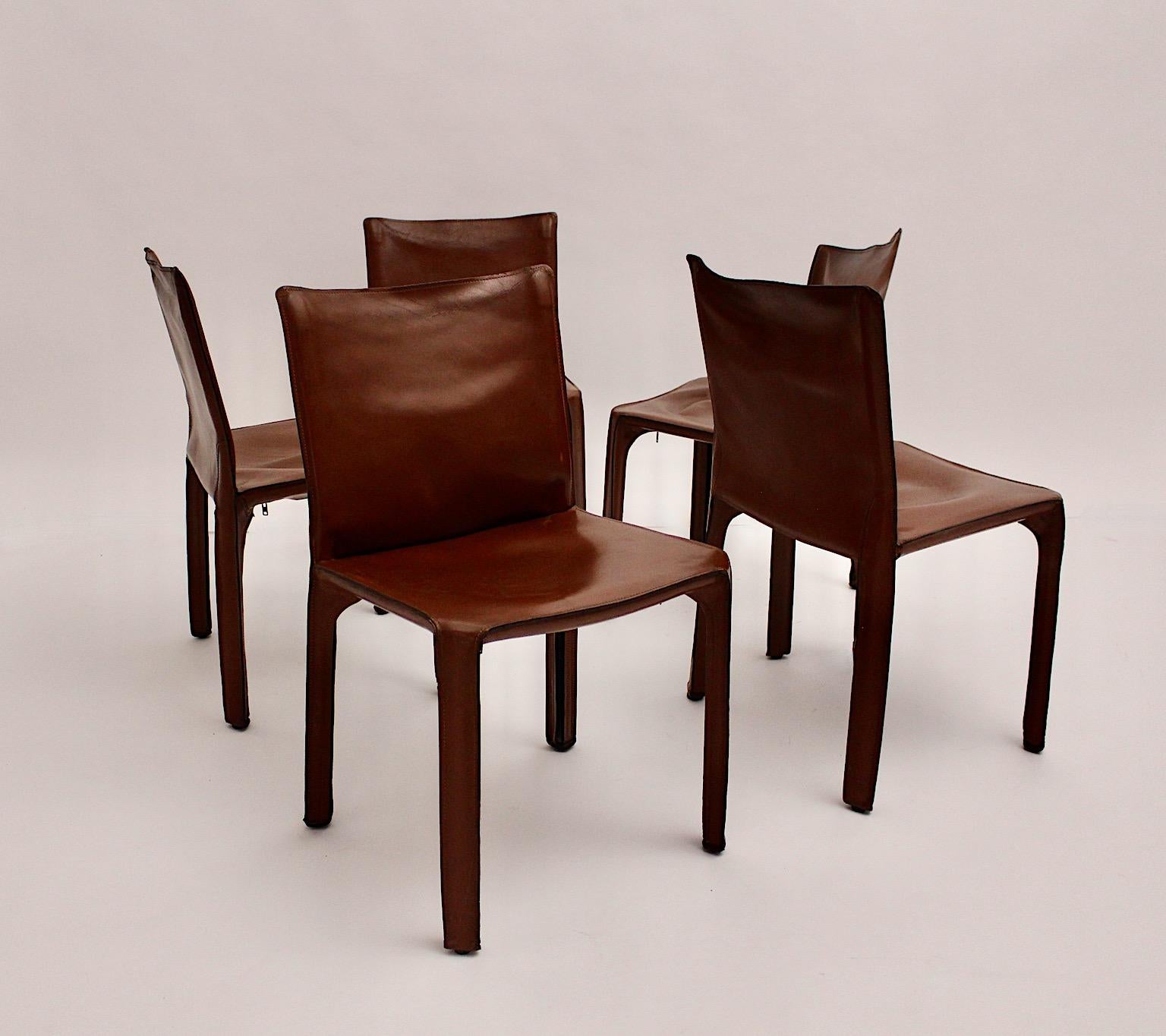 20th Century Modern Vintage Five Cognac Brown Leather CAB Dining Chairs Mario Bellini, Italy