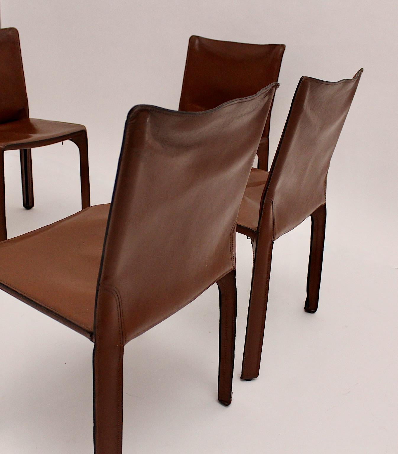 Metal Modern Vintage Five Cognac Brown Leather CAB Dining Chairs Mario Bellini, Italy