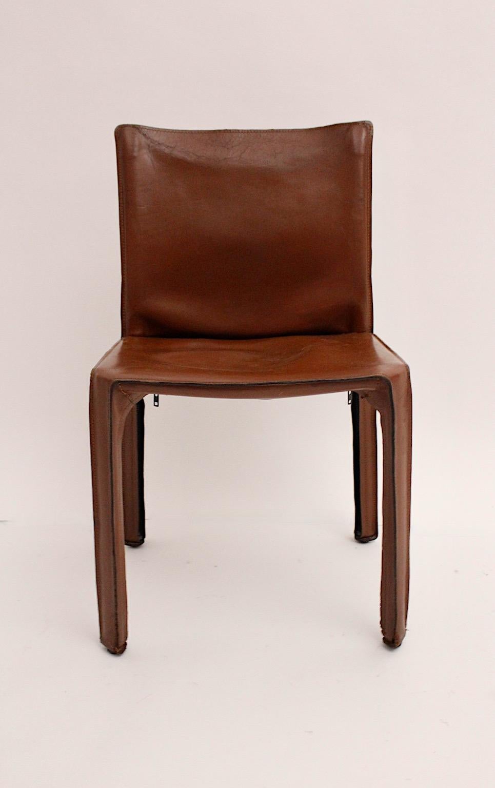 Modern Vintage Five Cognac Brown Leather CAB Dining Chairs Mario Bellini, Italy 1