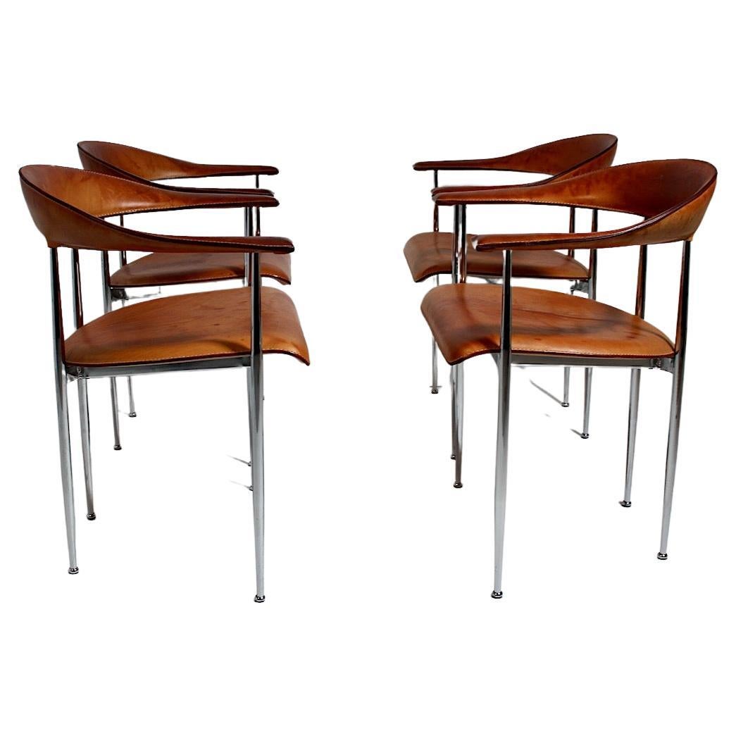 Modern Seven Vintage Cognac Leather Teak Dining Chairs Cassina, 1990s