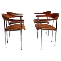Modern Vintage Four Dining Chairs Cognac Brown Leather Chrome Fasem 1980s Italy
