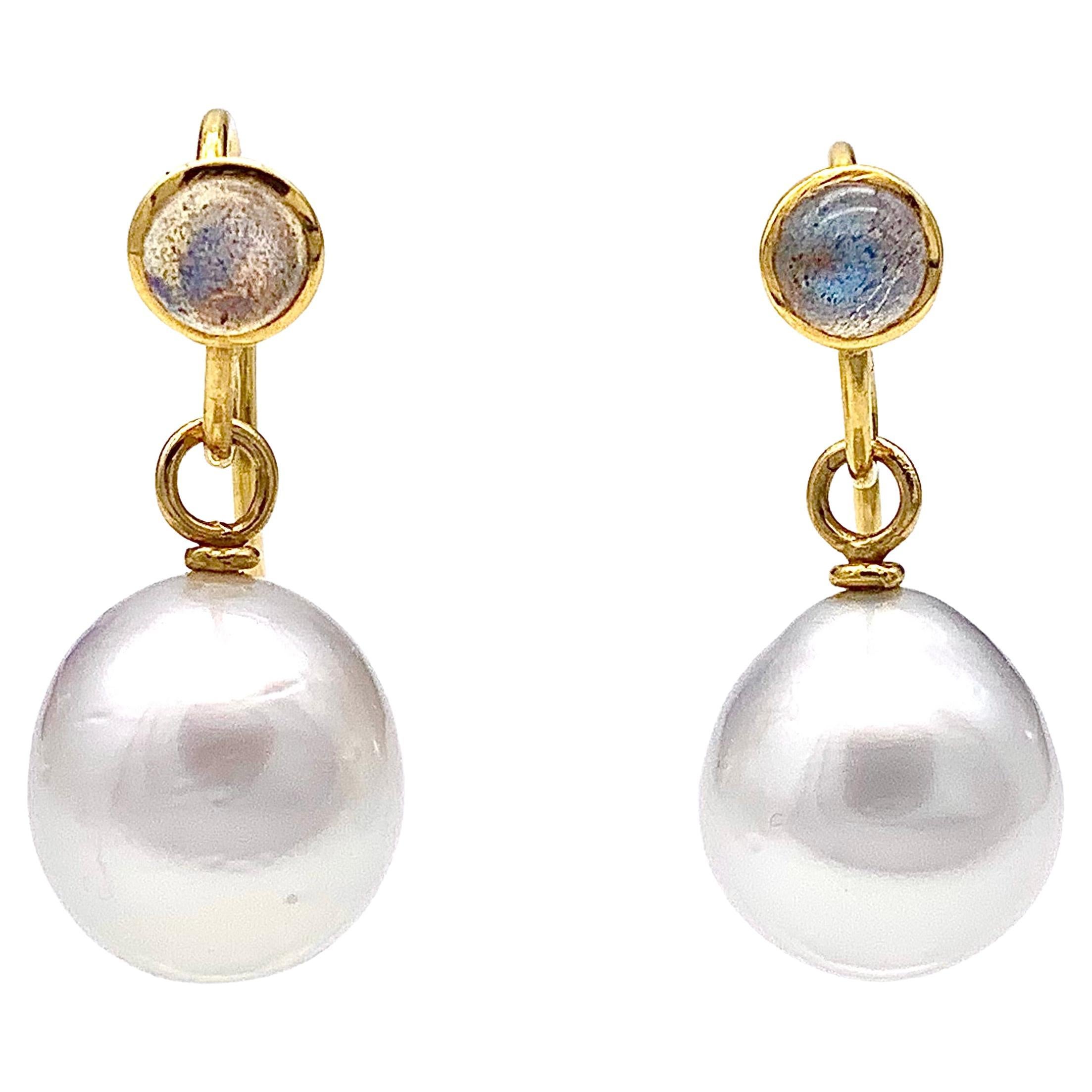 Modern Vintage Gold South Sea Pearl Moonstone Cabochon Drop Dangle Earrings For Sale