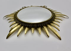 Modern Vintage Golden Metal Sunburst Convex Wall Mirror, France, 1970s