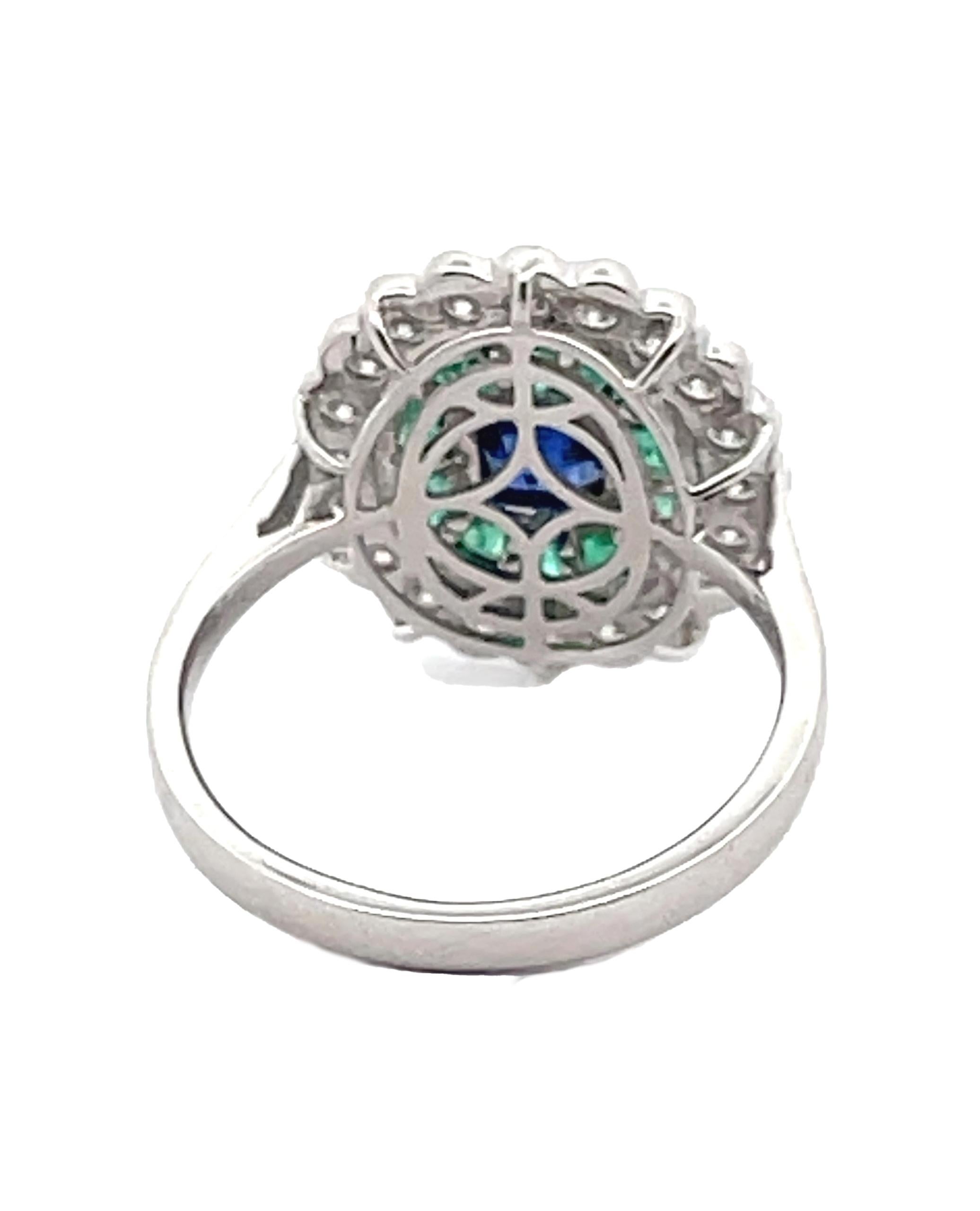 Cushion Cut Modern Vintage Inspired 18K White Gold Emerald and Sapphire Ring For Sale