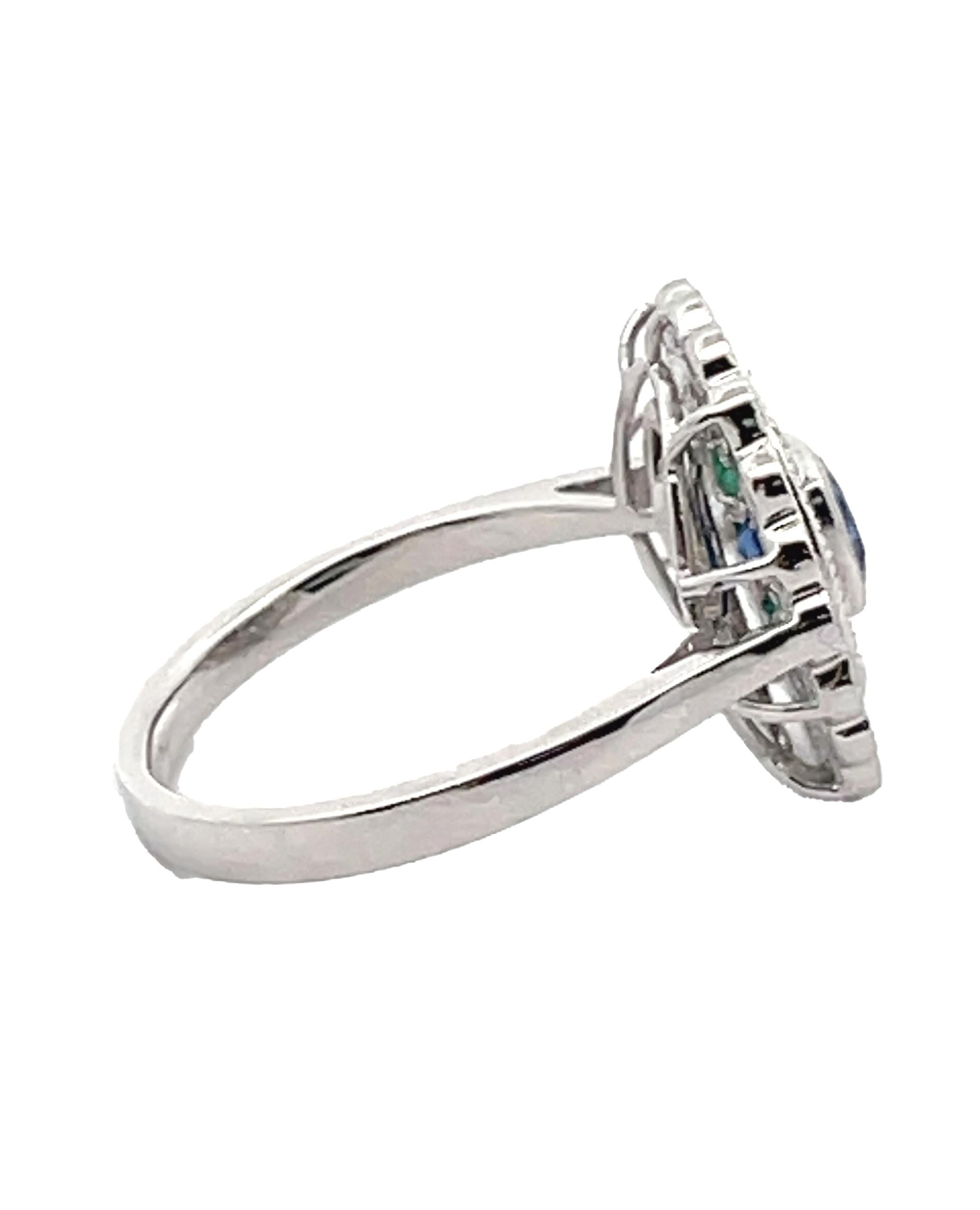 Modern Vintage Inspired 18K White Gold Emerald and Sapphire Ring In New Condition For Sale In Old Tappan, NJ