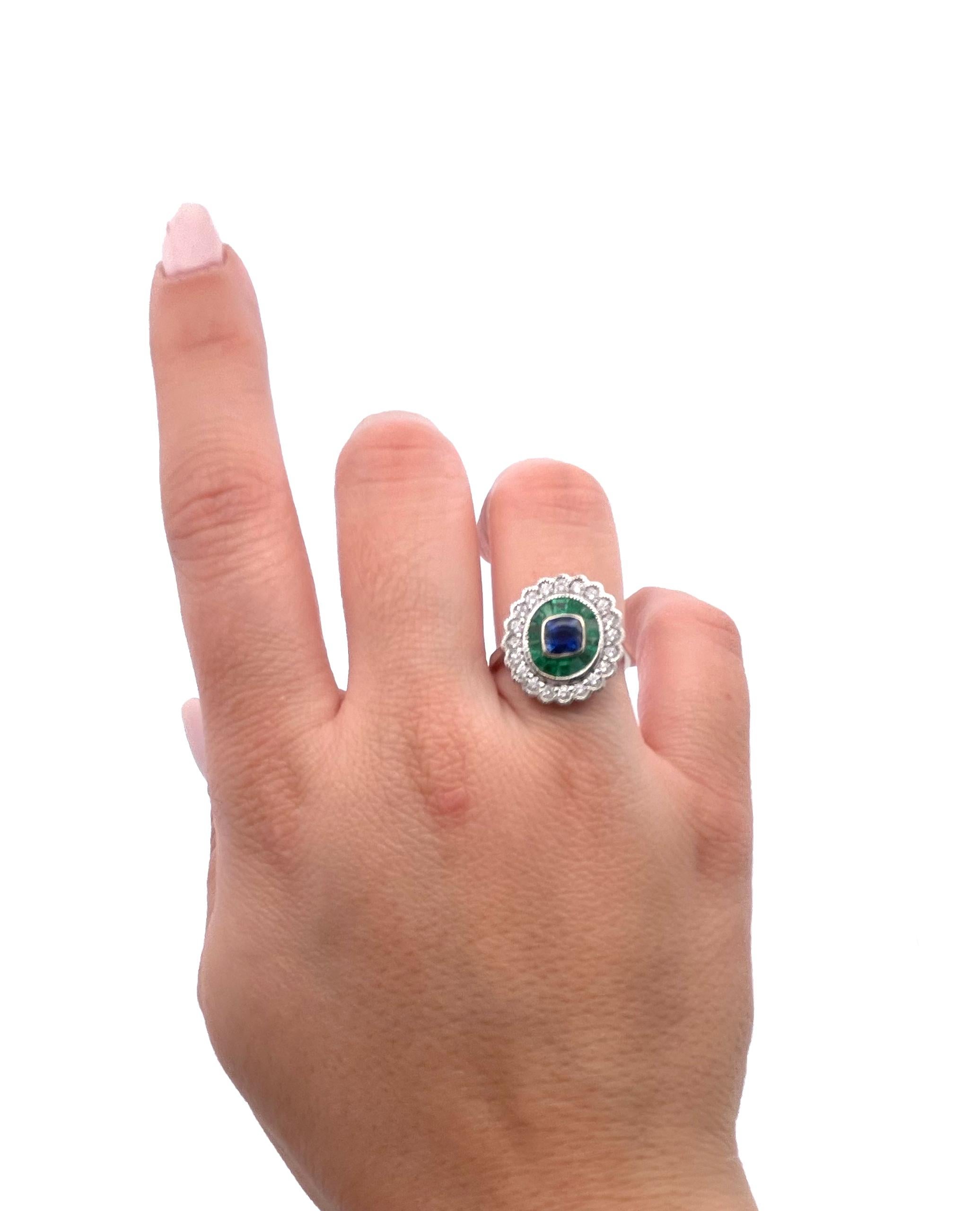 Women's Modern Vintage Inspired 18K White Gold Emerald and Sapphire Ring For Sale