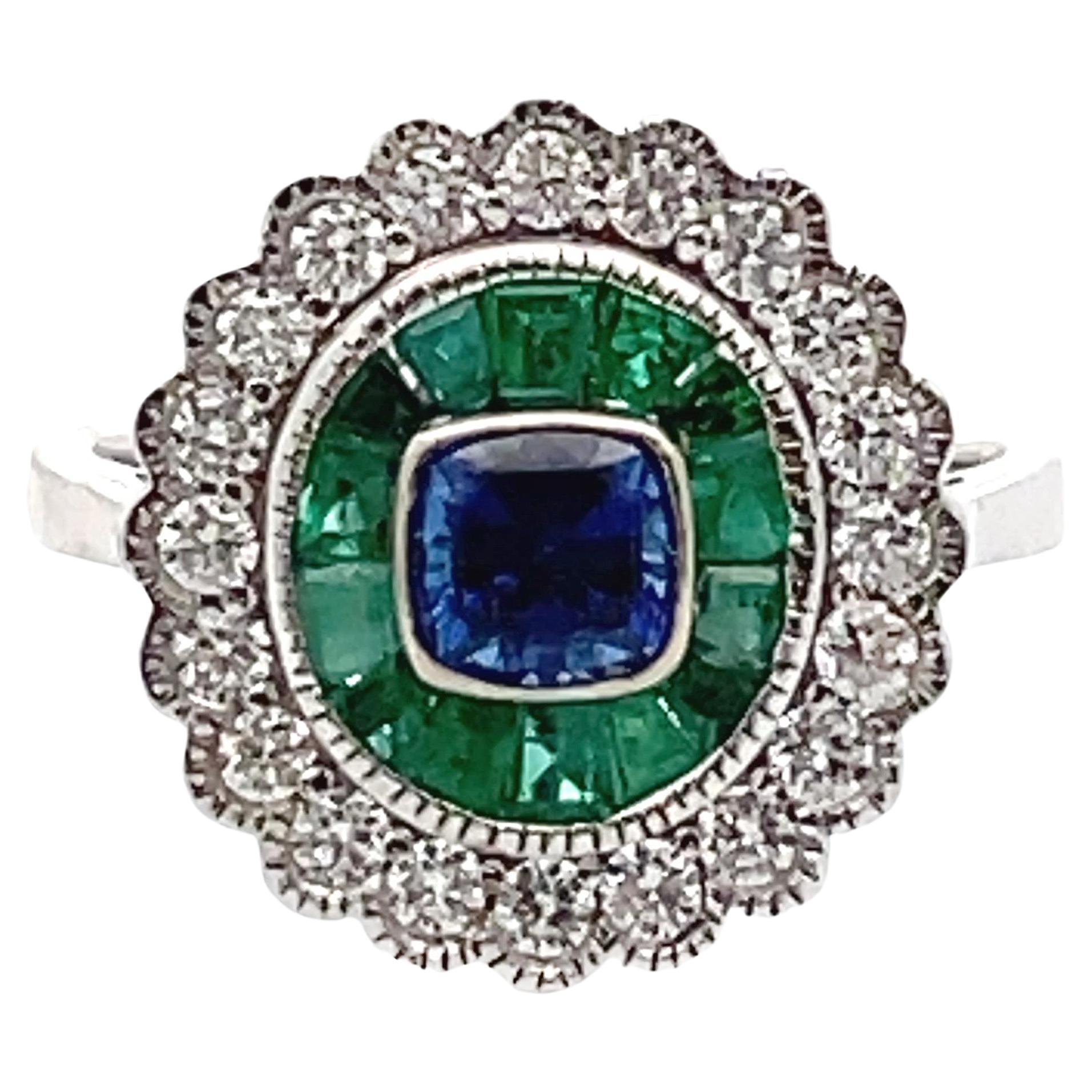 Modern Vintage Inspired 18K White Gold Emerald and Sapphire Ring For Sale