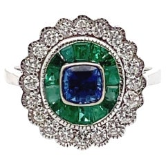 Modern Vintage Inspired 18K White Gold Emerald and Sapphire Ring