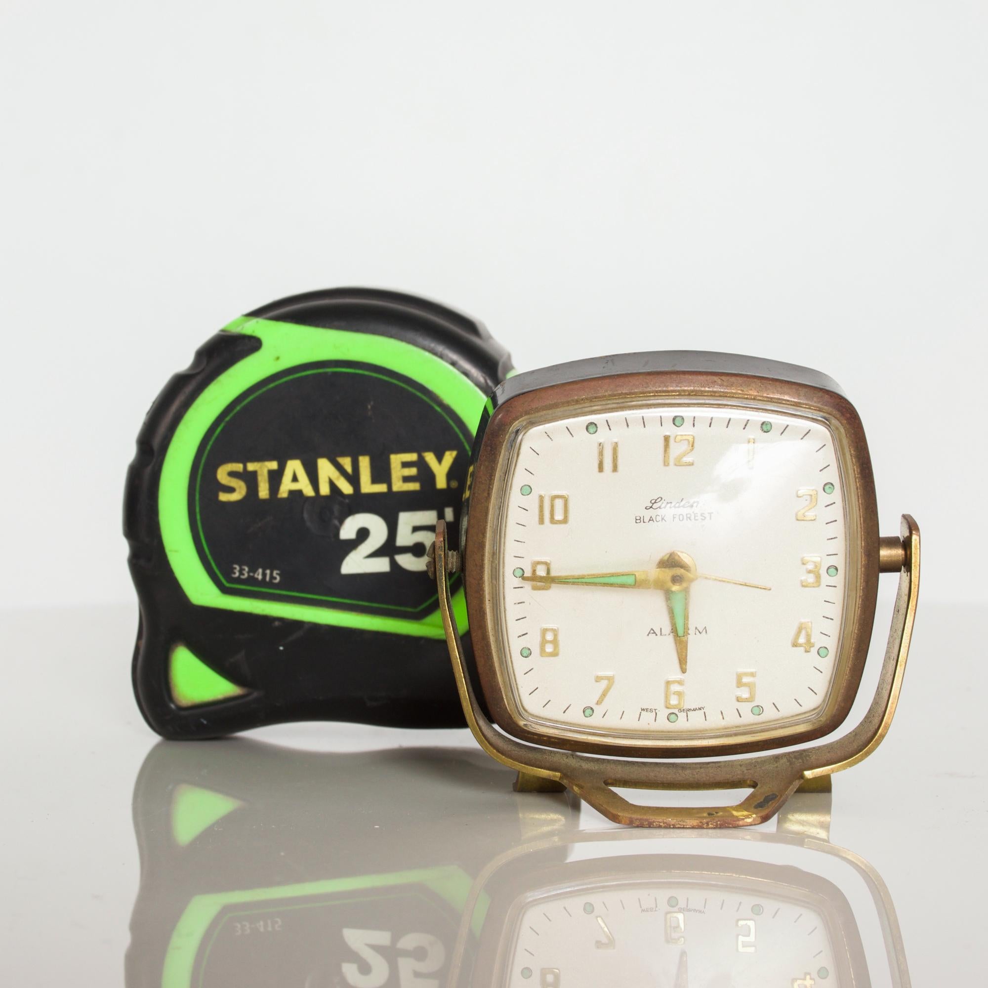 Mid-20th Century Modernism by LINDEN Brass Wind Alarm Clock Black Forest West Germany