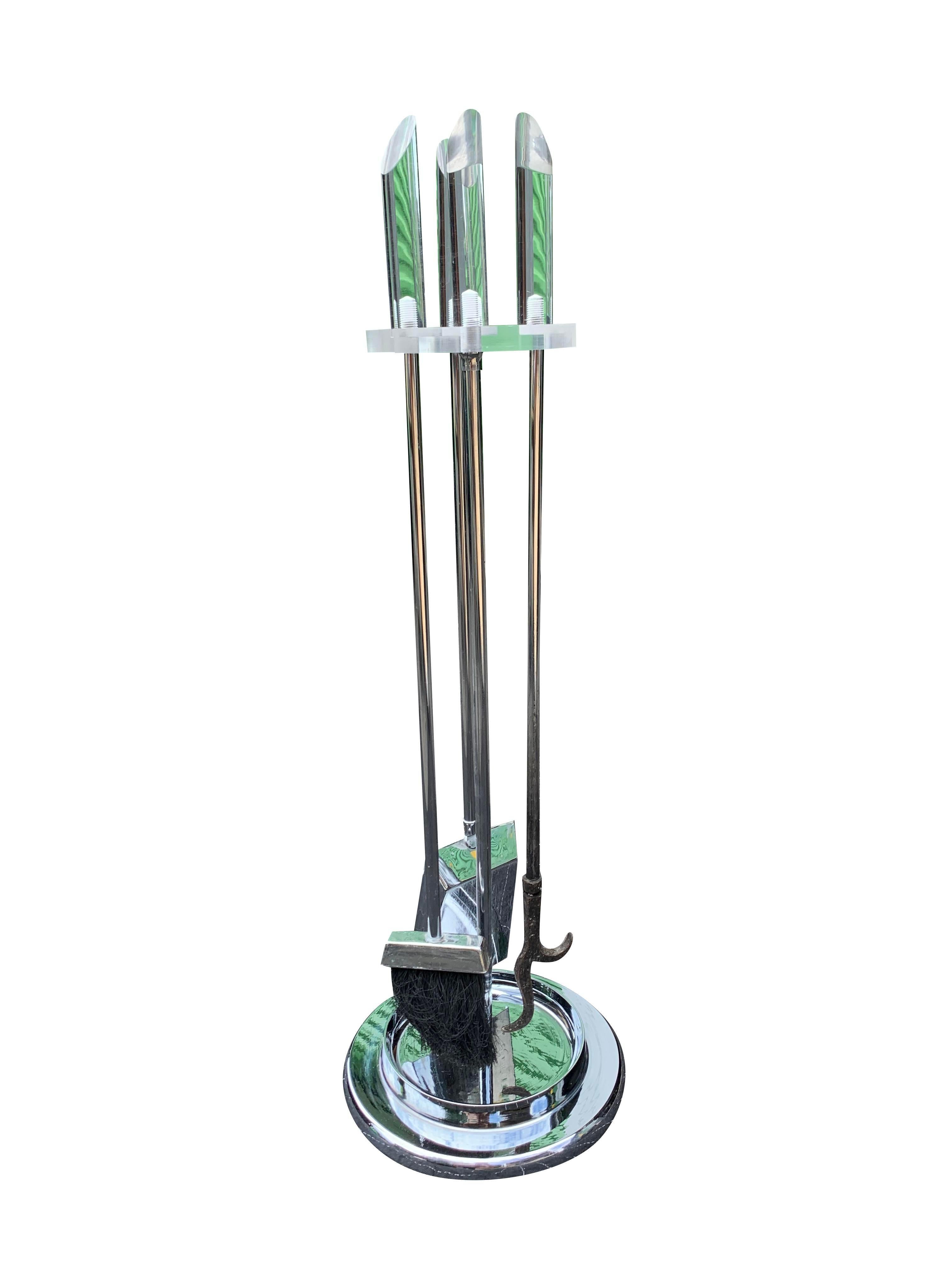 Modern Vintage Lucite Fireplace Tools Set- 4 Pieces In Good Condition In Saddle River, NJ