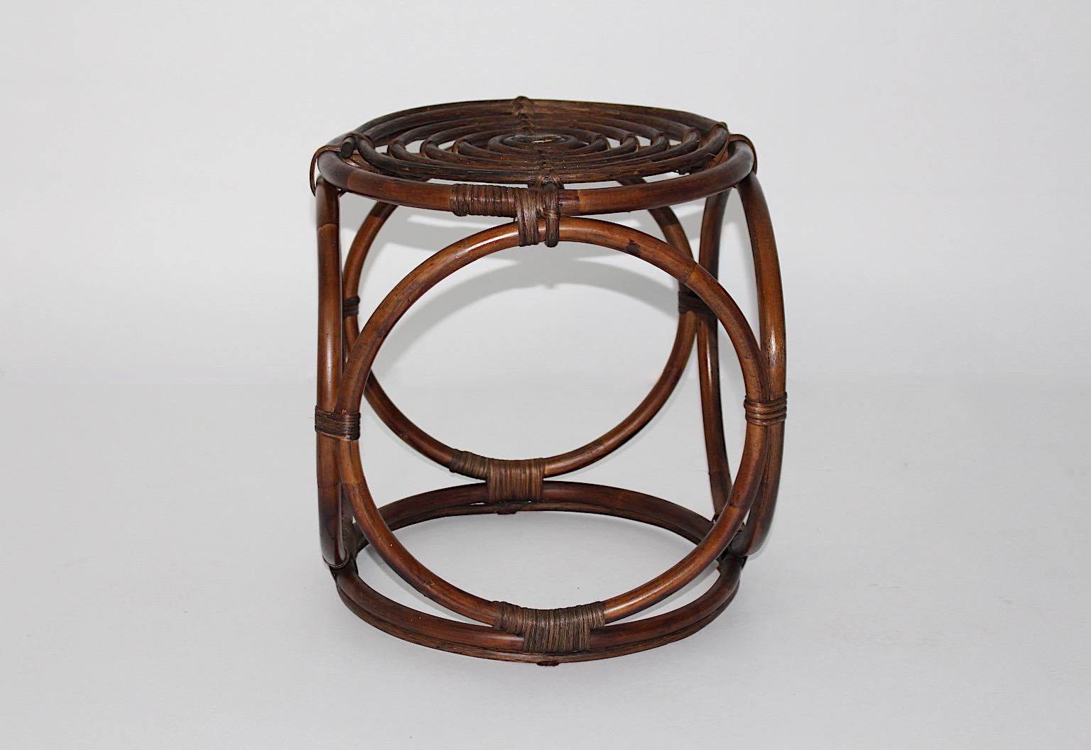 Organic Modern Modern Vintage Organic Riviera Style Brown Bamboo Stool, Italy, 1970s For Sale