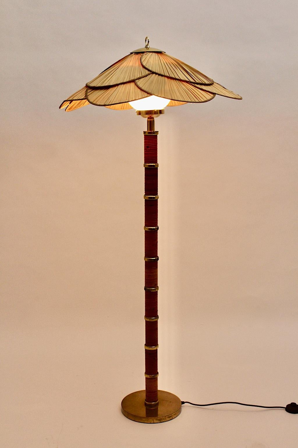 Modern Vintage Organic Rattan Brass Opal Glass Floor Lamp, Italy, 1970s In Good Condition In Vienna, AT
