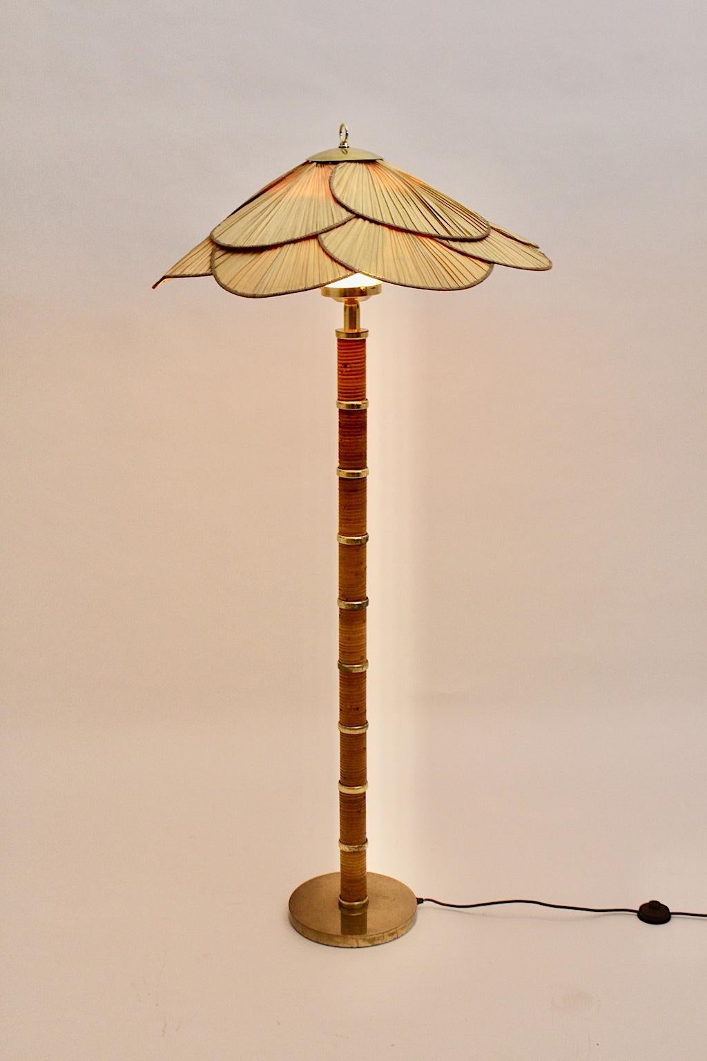20th Century Modern Vintage Organic Rattan Brass Opal Glass Floor Lamp, Italy, 1970s