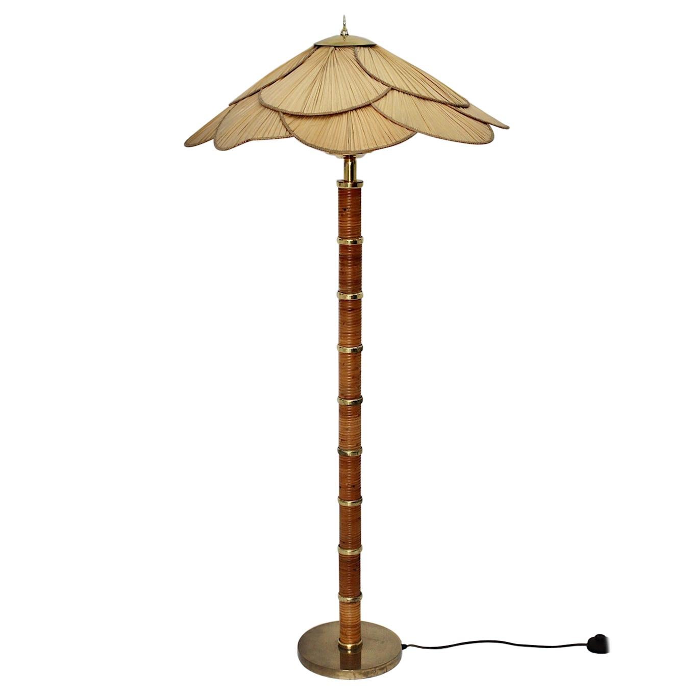 Modern Vintage Organic Rattan Brass Opal Glass Floor Lamp, Italy, 1970s