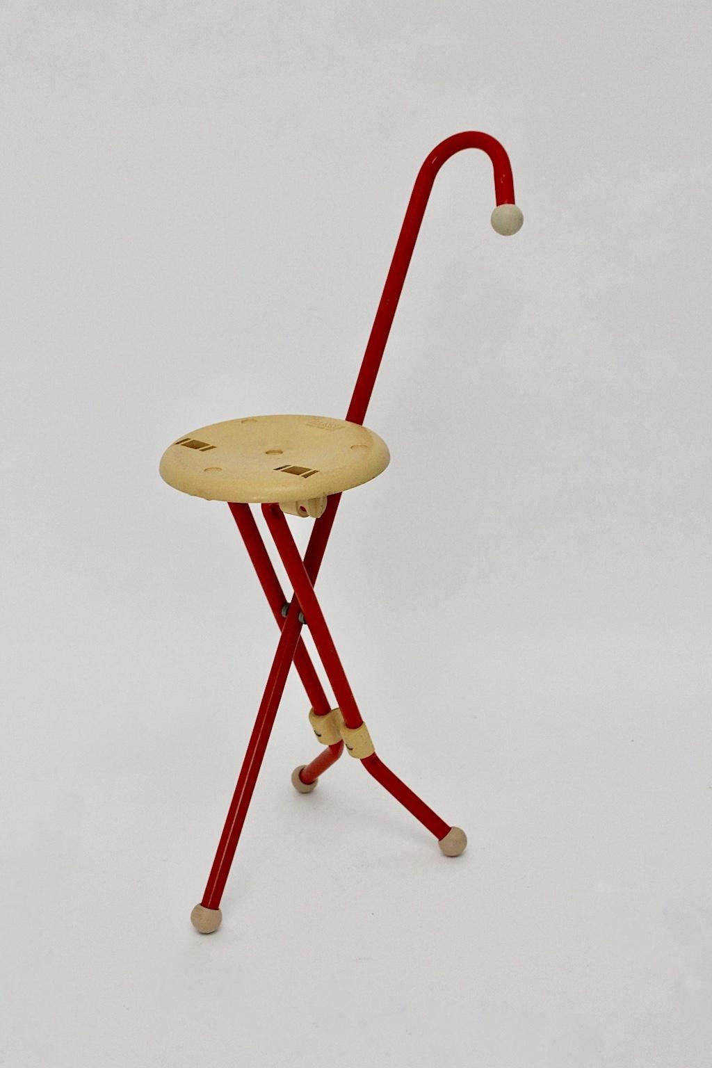 Modern vintage folding chair walking stick, which was made of red lacquered metal and light plastic seat with backrest. Designed by Ivan Loss, 1980s
The vintage condition is very good.
Approximate measures:
Diameter 22 cm
Height 73 cm
Seat height 48