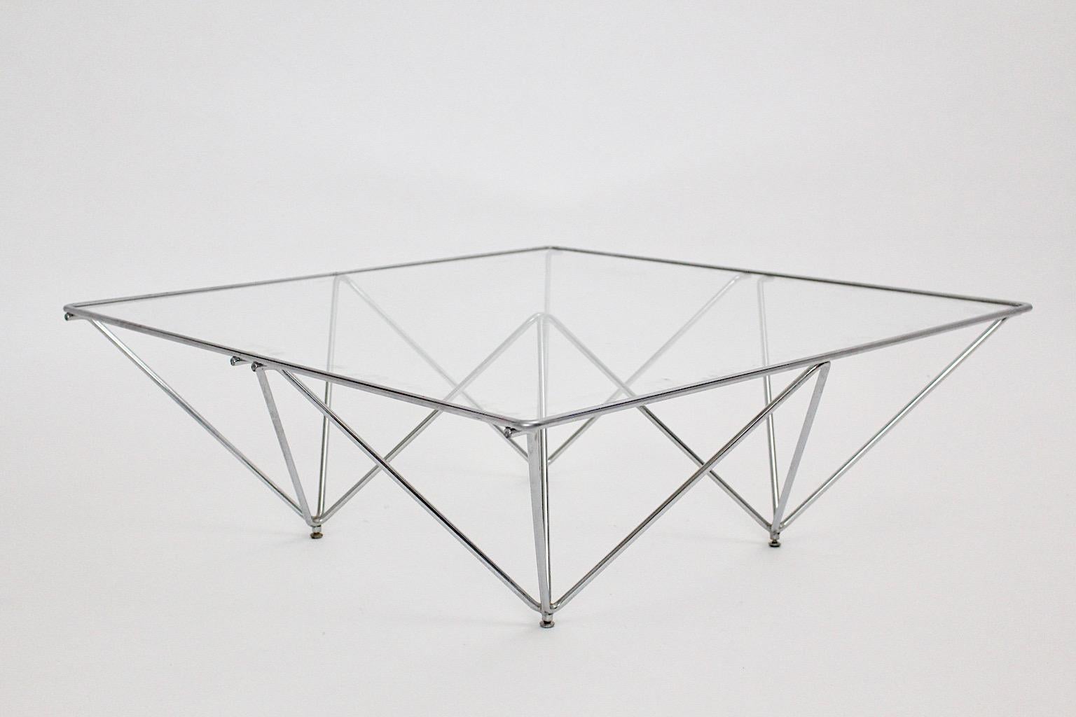 Italian Modern Vintage Sofa Table or Coffee Table Chromed Metal Glass 1980s Italy For Sale