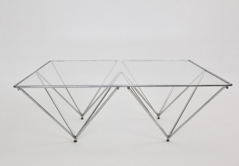 Modern Vintage Sofa Table or Coffee Table Chromed Metal Glass 1980s